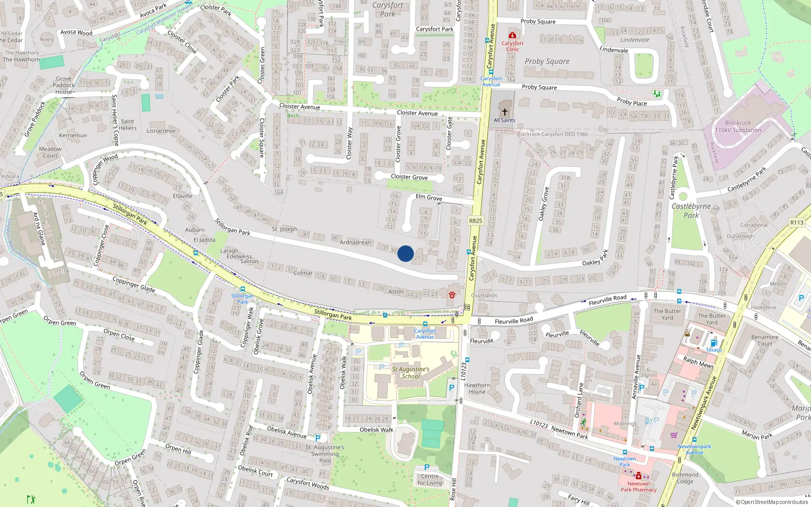 Overhead map showing the location of 28 Stillorgan Park, Blackrock, Dublin