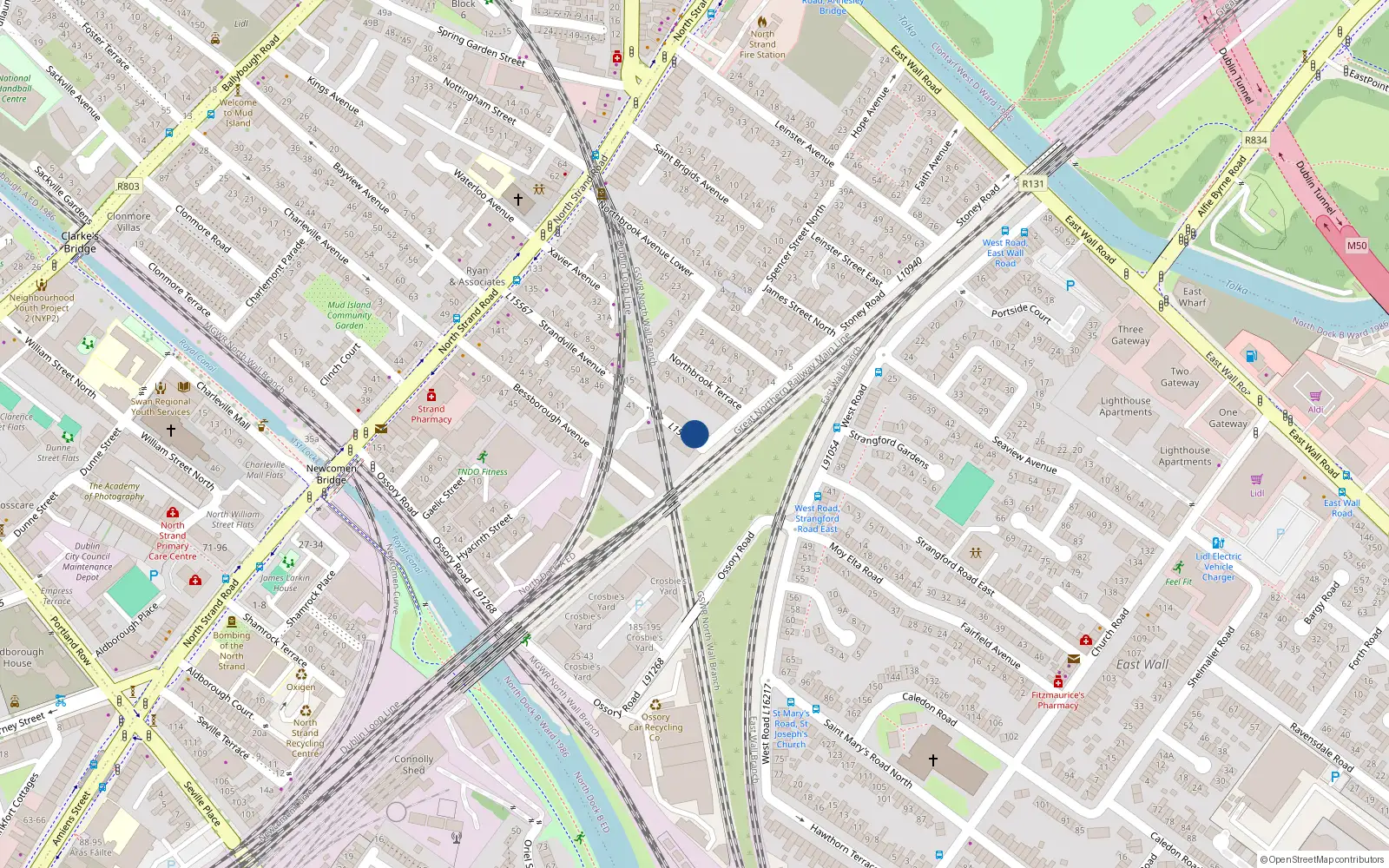 Overhead map showing the location of 28 Strandville Avenue, North Strand, Dublin 3