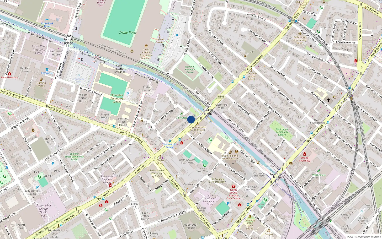 Overhead map showing the location of 28 Summerhill Parade, Dublin