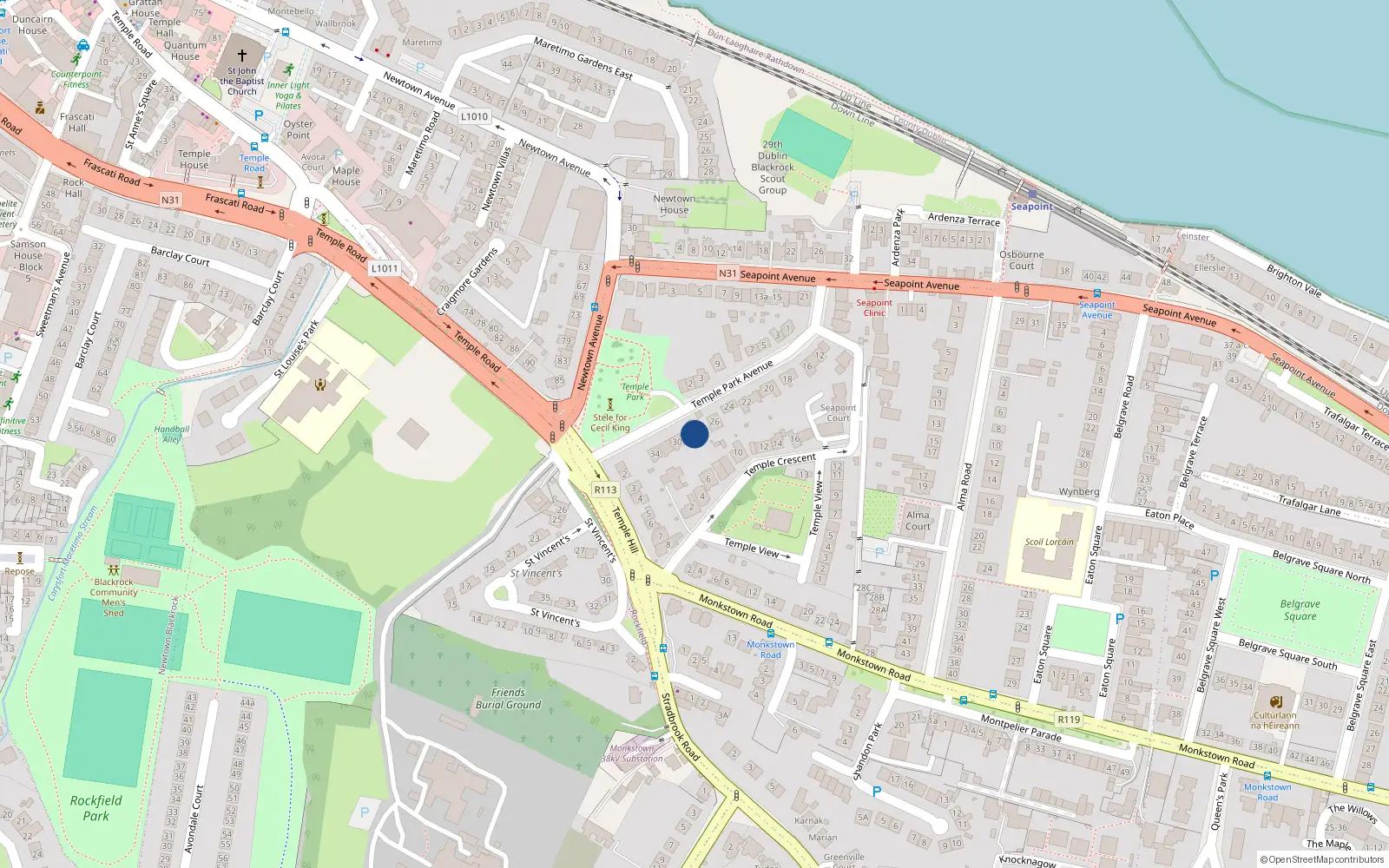 Overhead map showing the location of 28 Temple Park Avenue, Monkstown