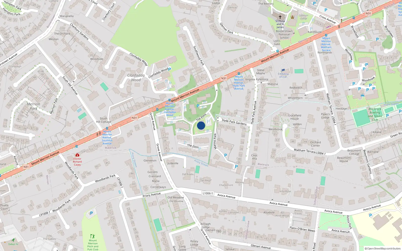 Overhead map showing the location of 28 the Elms, Mount Merrion Avenue, Blackrock