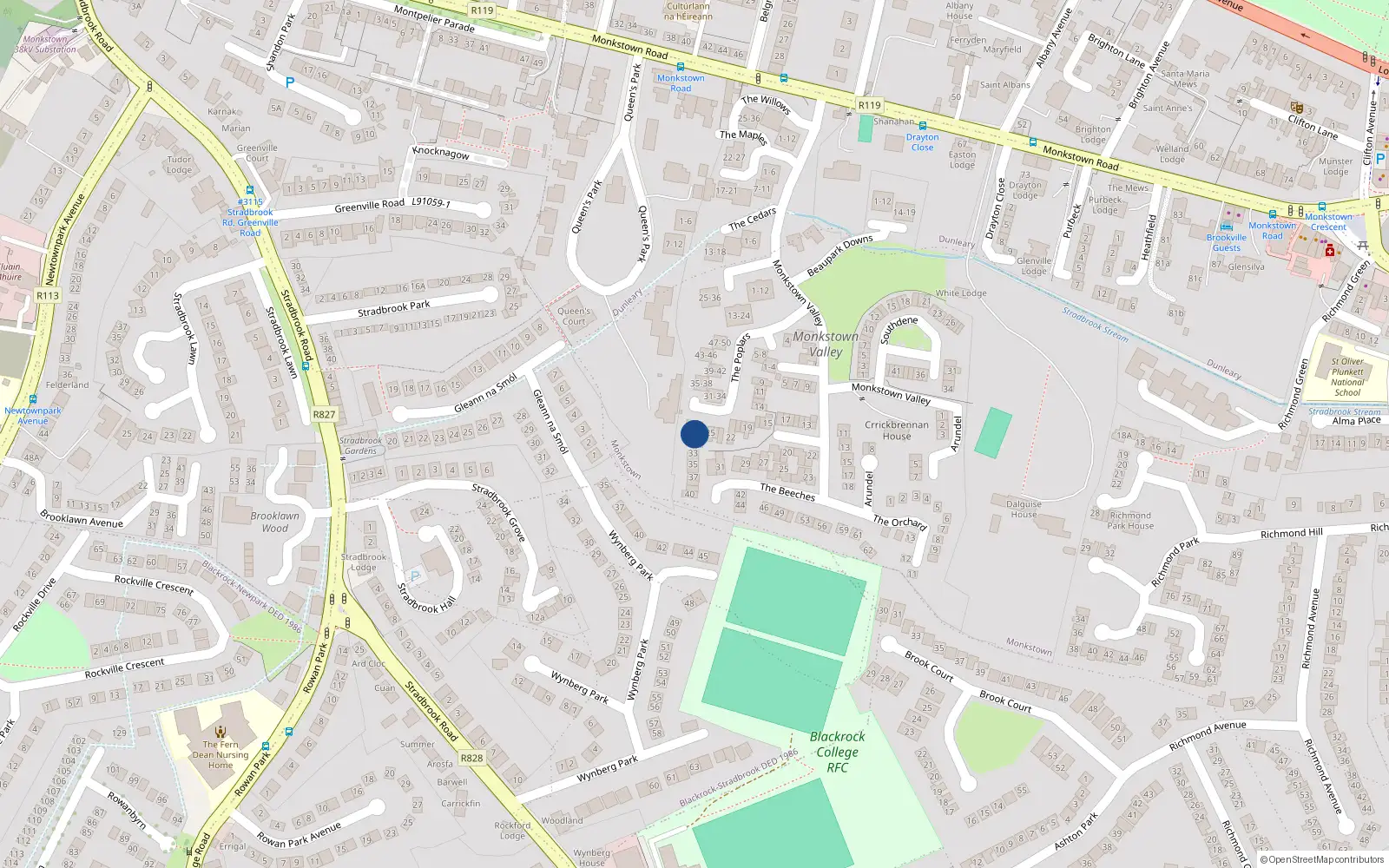 Overhead map showing the location of 28 The Poplars, Monkstown