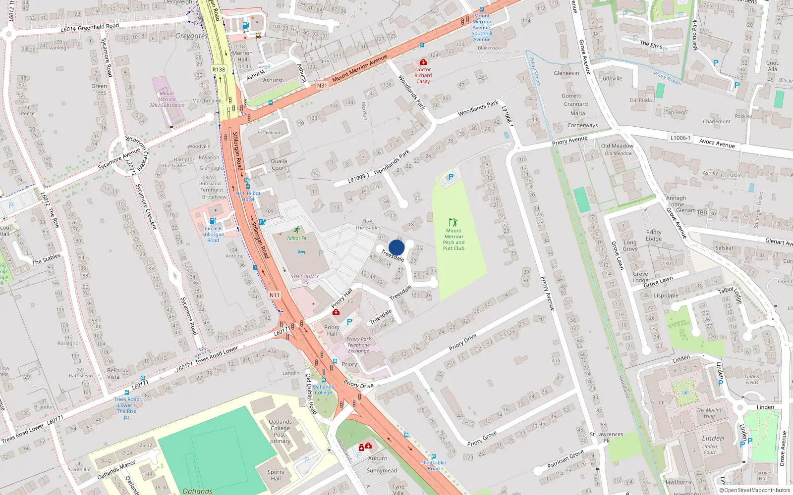 Overhead map showing the location of 28 Treesdale, Stillorgan Road, Mount Merrion