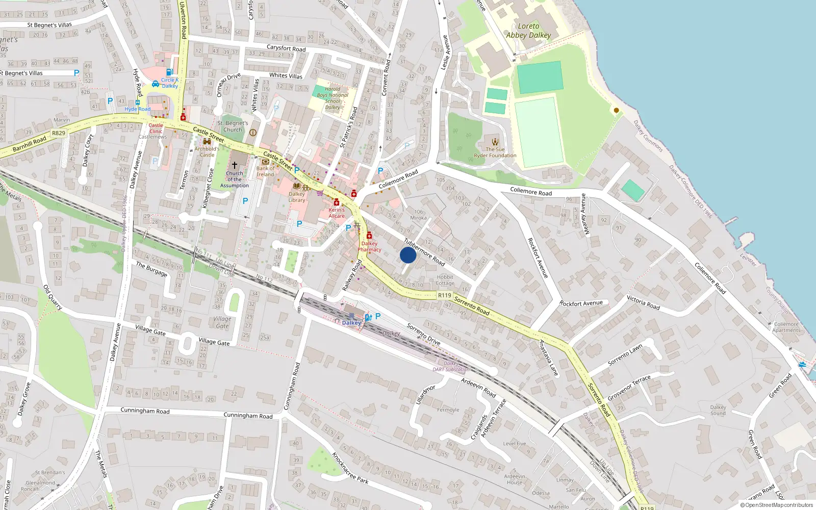 Overhead map showing the location of 28 Tubbermore Road, Dalkey