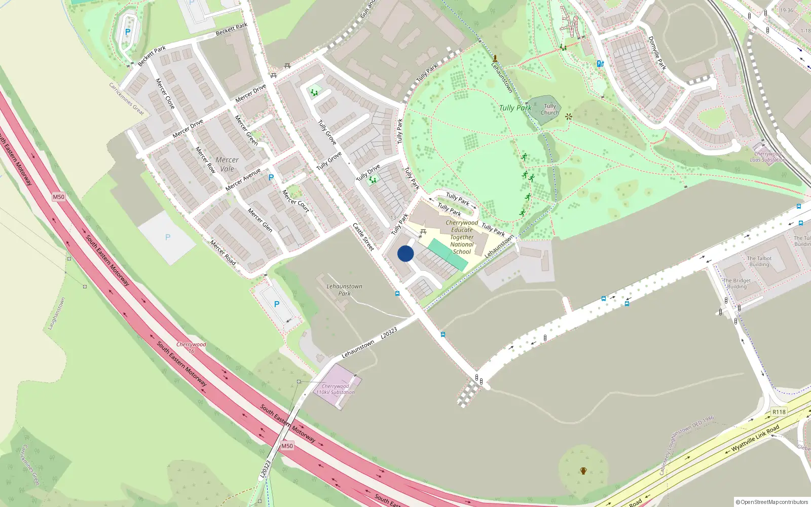 Overhead map showing the location of 28 Tully Green, Laughanstown