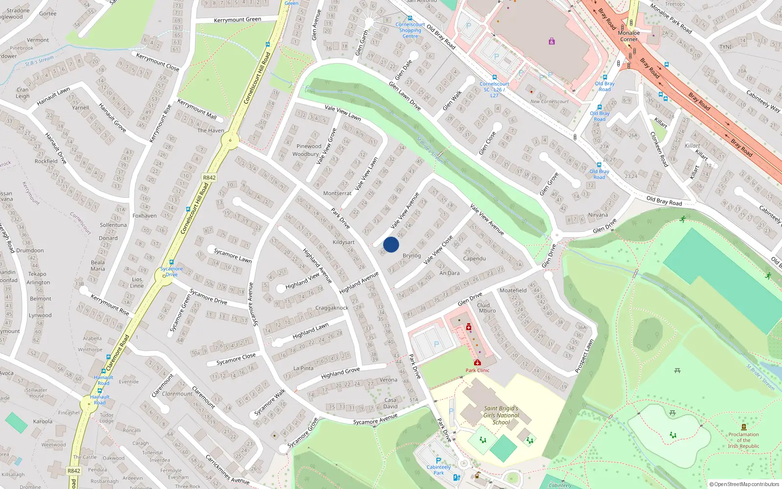 Overhead map showing the location of 28 Vale View Avenue, Dublin 18