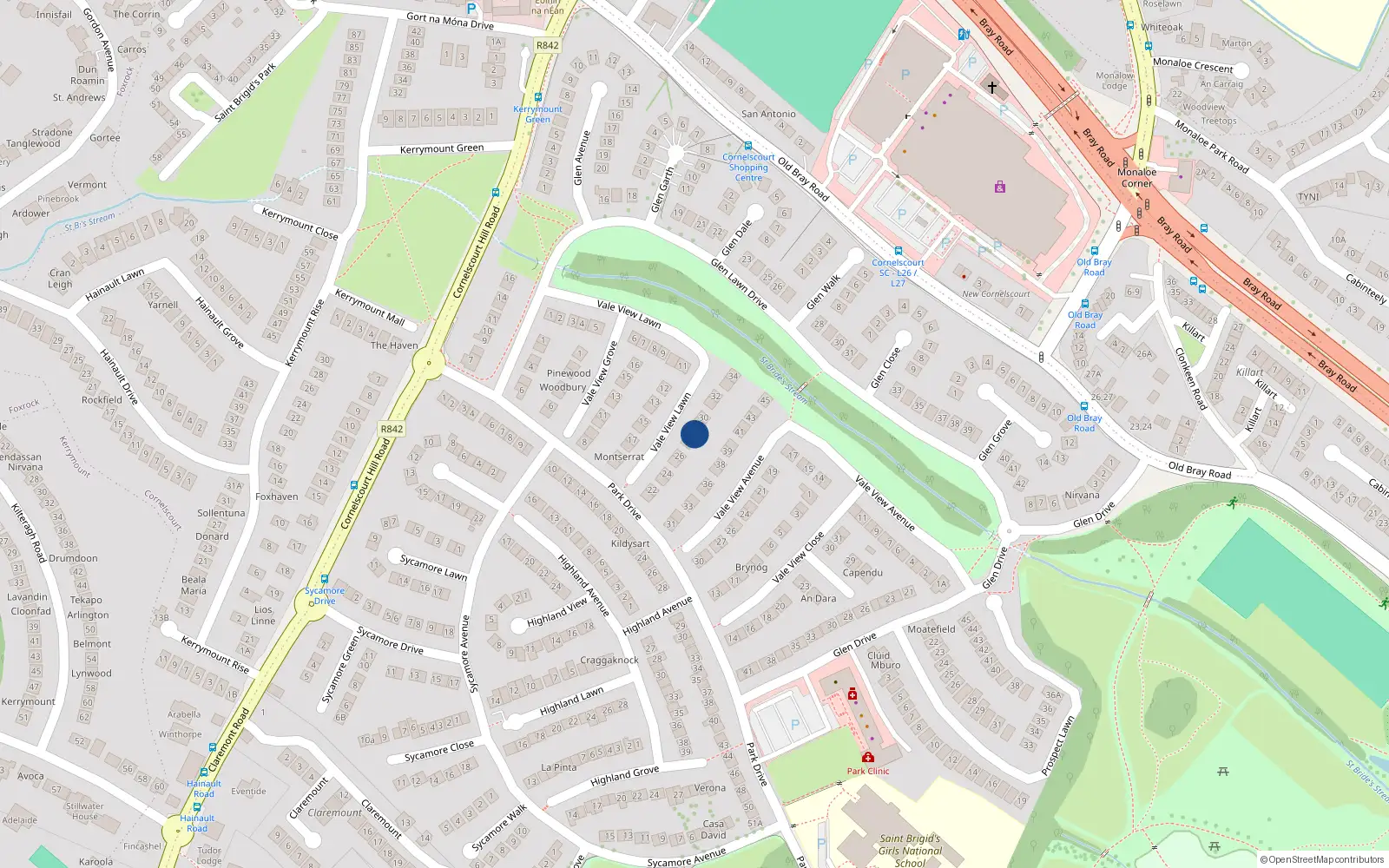 Overhead map showing the location of 28 Vale View Lawn, Dublin 18