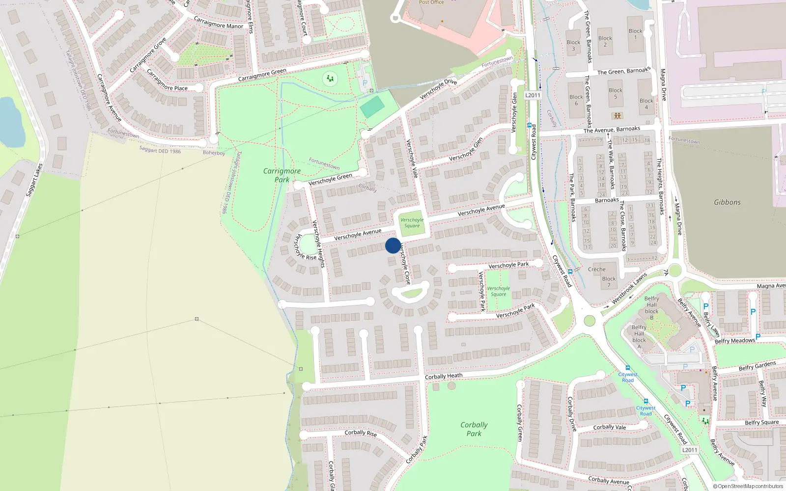 Overhead map showing the location of 28 Verschoyle Drive, Saggart Abbey, Saggart