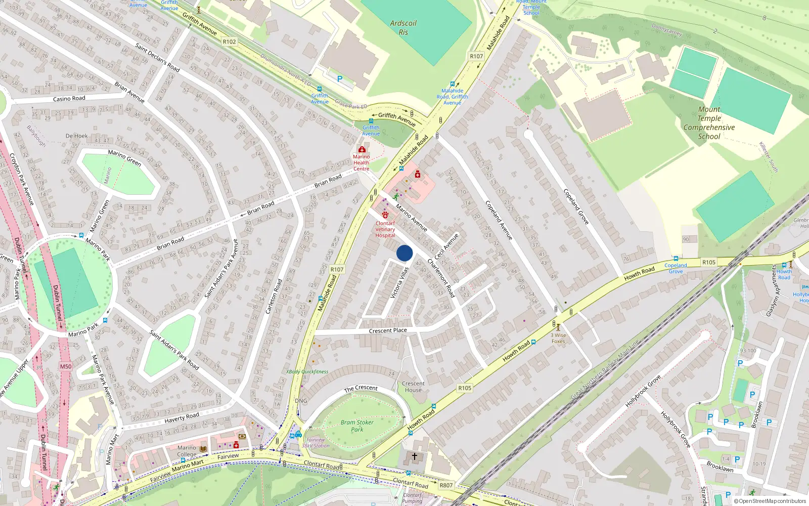 Overhead map showing the location of 28 Victoria Villas, Clontarf, Dublin 3