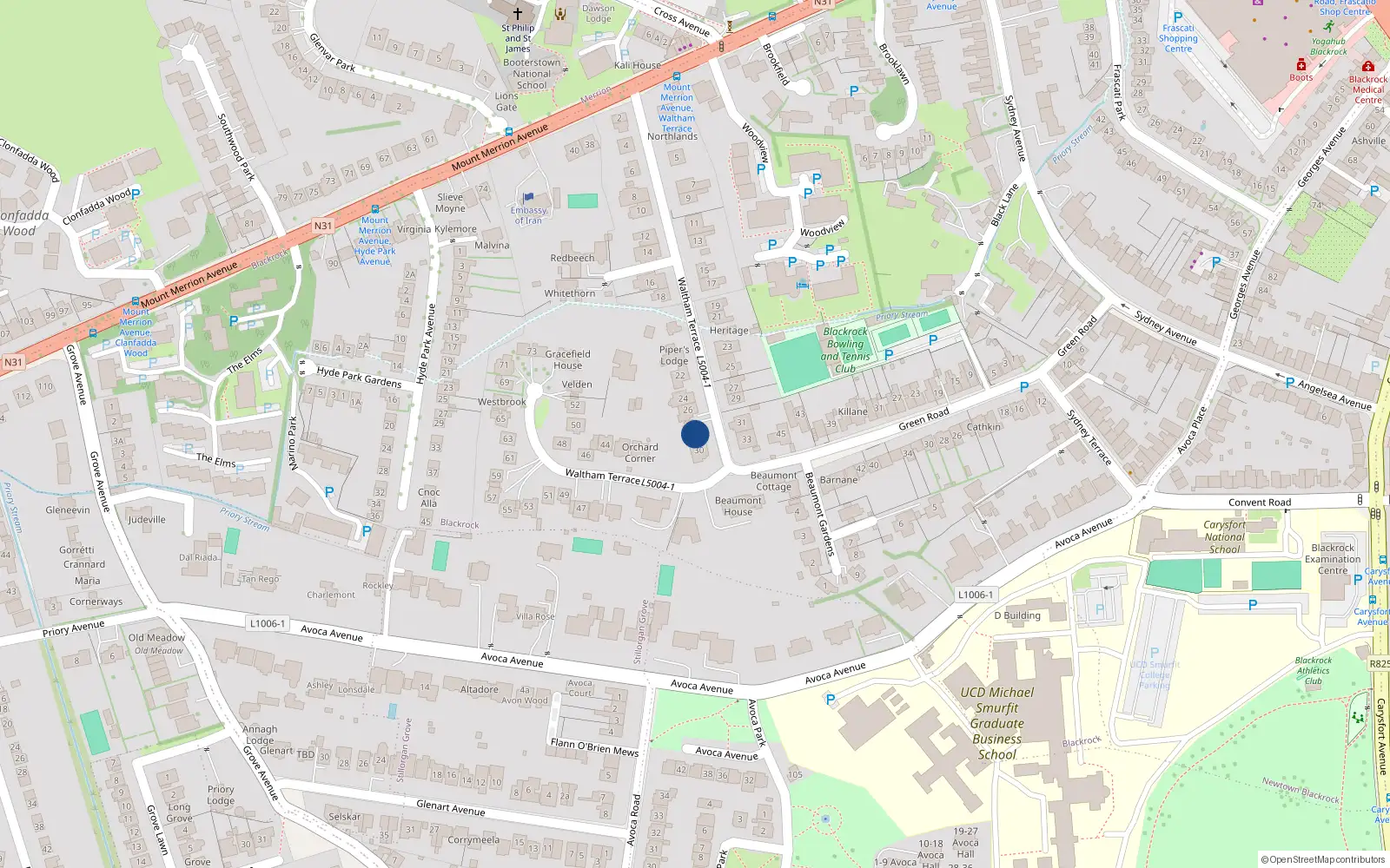 Overhead map showing the location of 28 Waltham Terrace, Blackrock