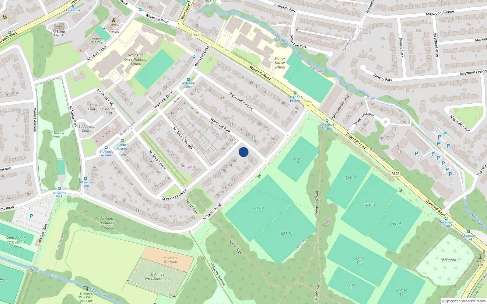 Overhead map showing the location of 28 Watermill Park, Dublin 5