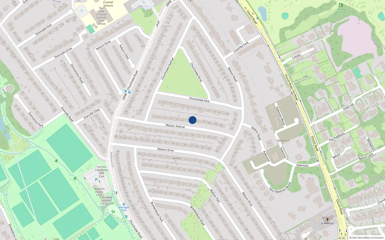 Overhead map showing the location of 28 Watson Avenue, Killiney