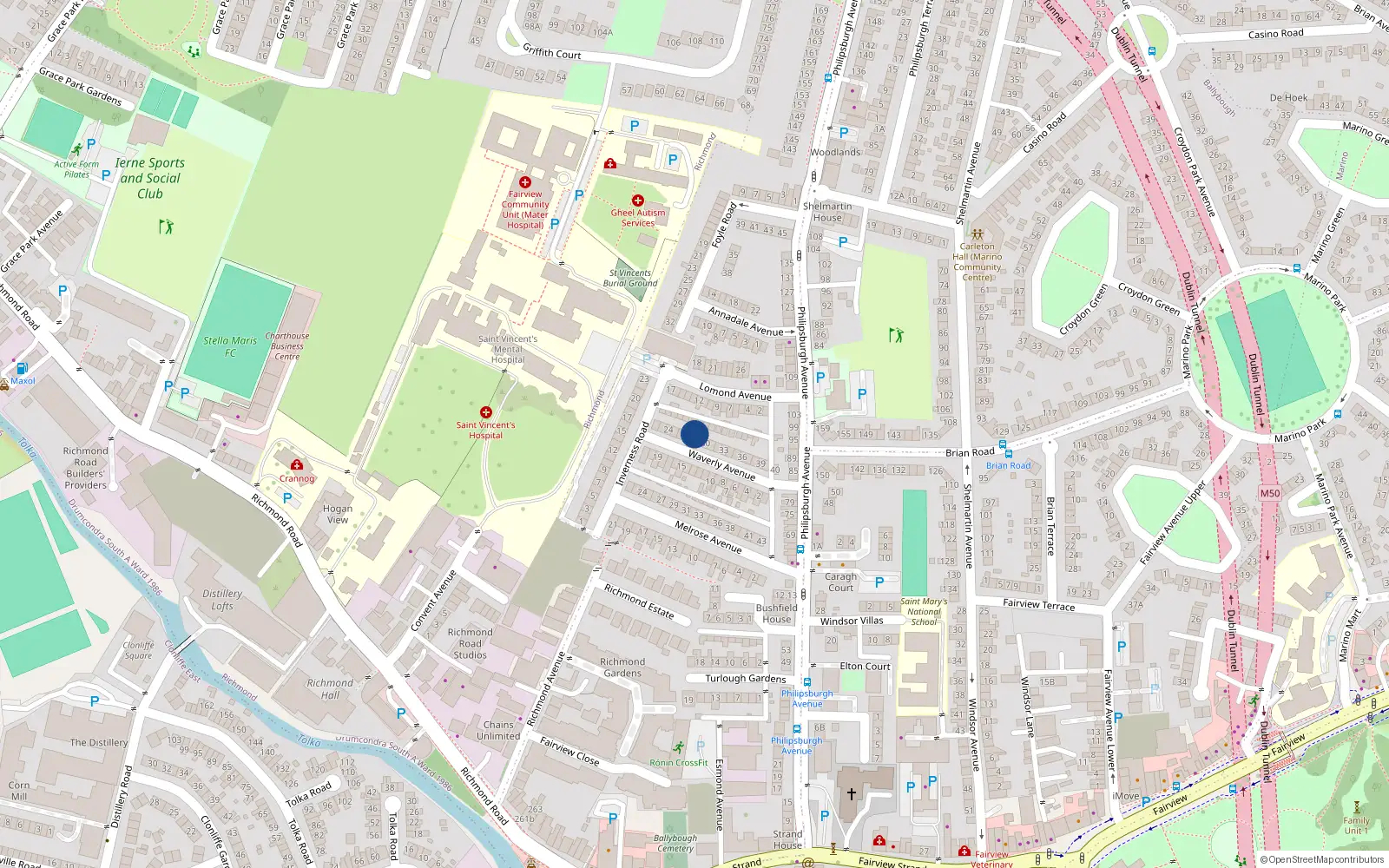 Overhead map showing the location of 28 Waverley Avenue, Dublin 3