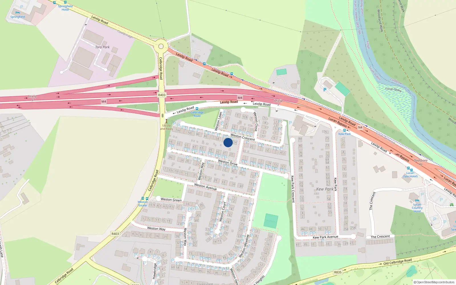 Overhead map showing the location of 28 Weston Crescent, Lucan