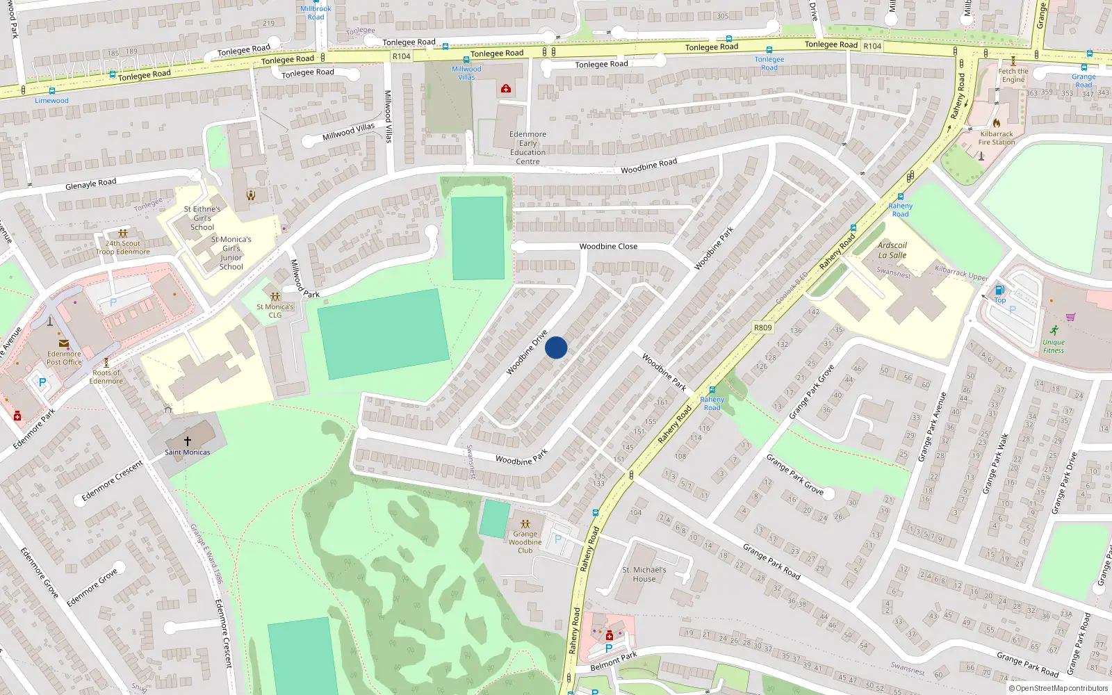 Overhead map showing the location of 28 Woodbine Drive, Dublin 5