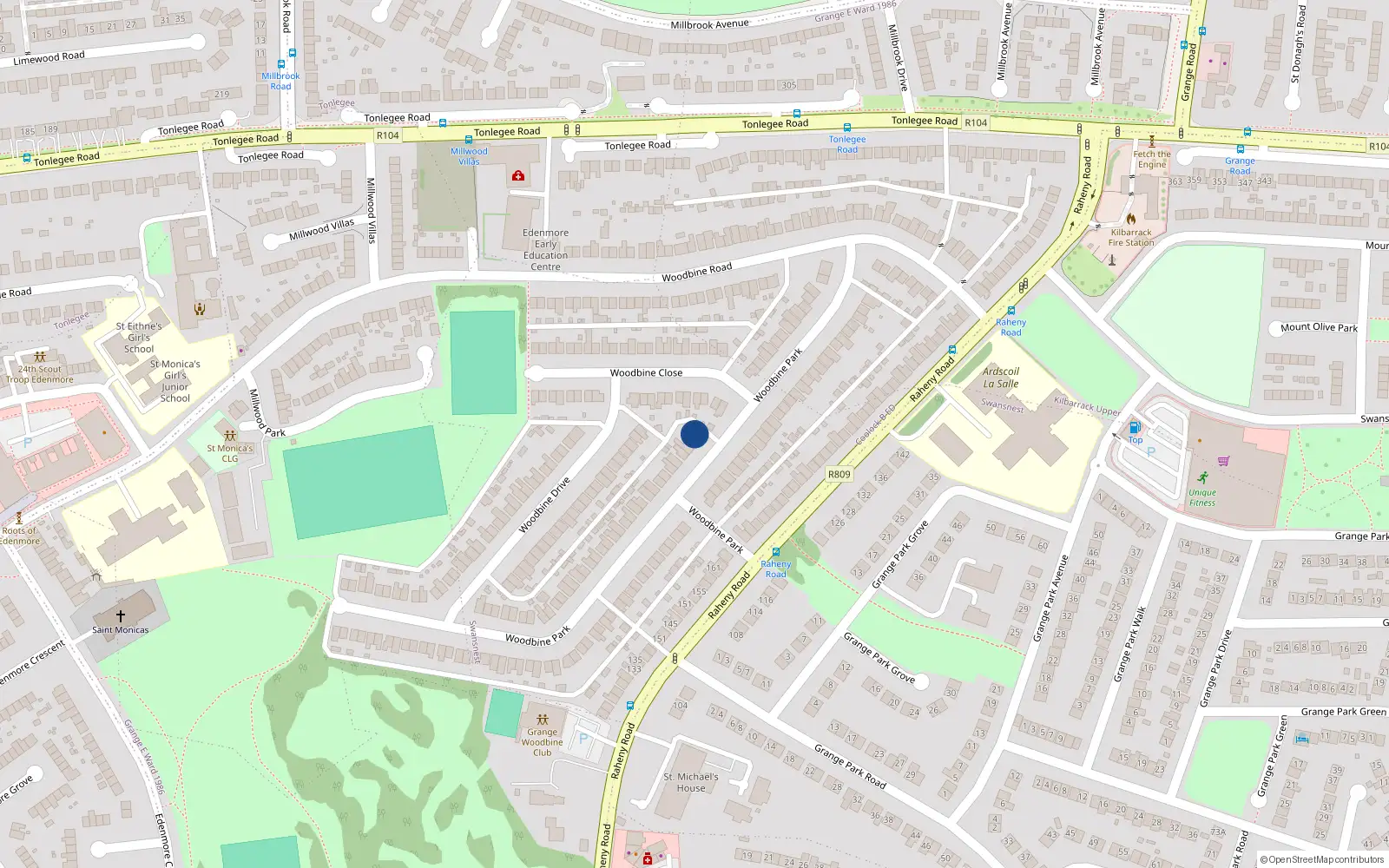 Overhead map showing the location of 28 Woodbine Park, Raheny, Dublin 5