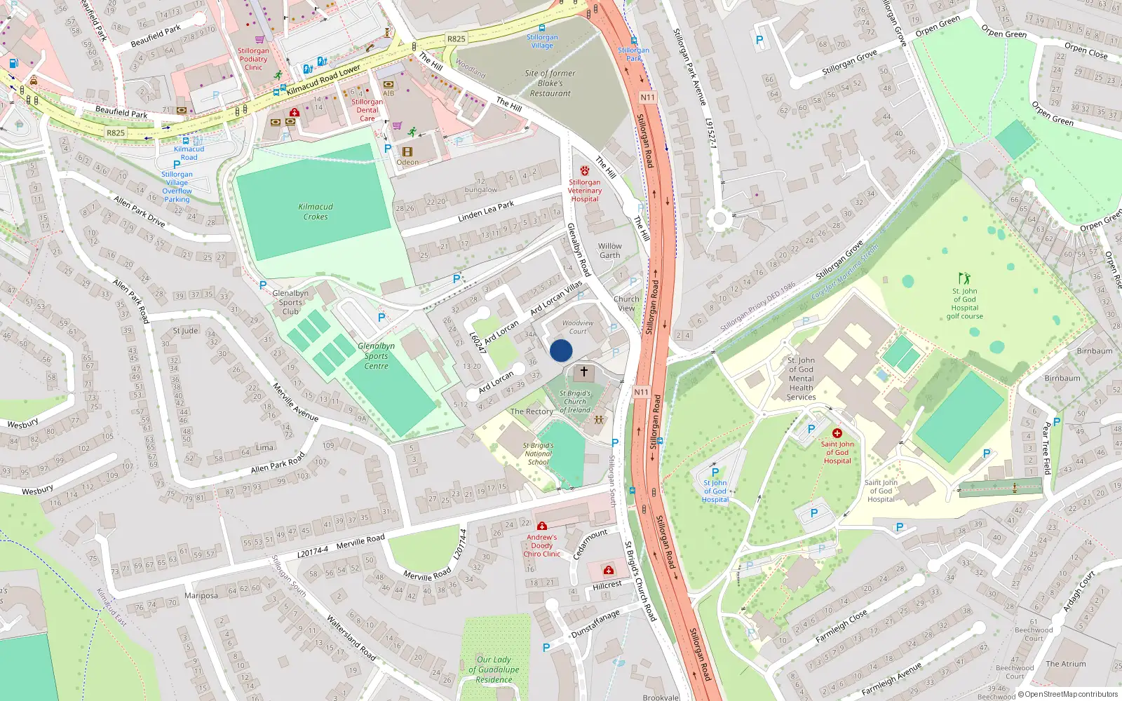 Overhead map showing the location of 28 Woodview Court, Glenalbyn Road, Stillorgan