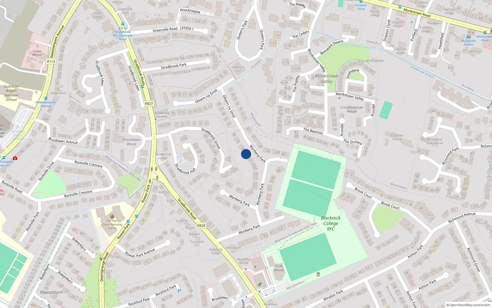 Overhead map showing the location of 28 Wynberg Park, Blackrock, Dublin