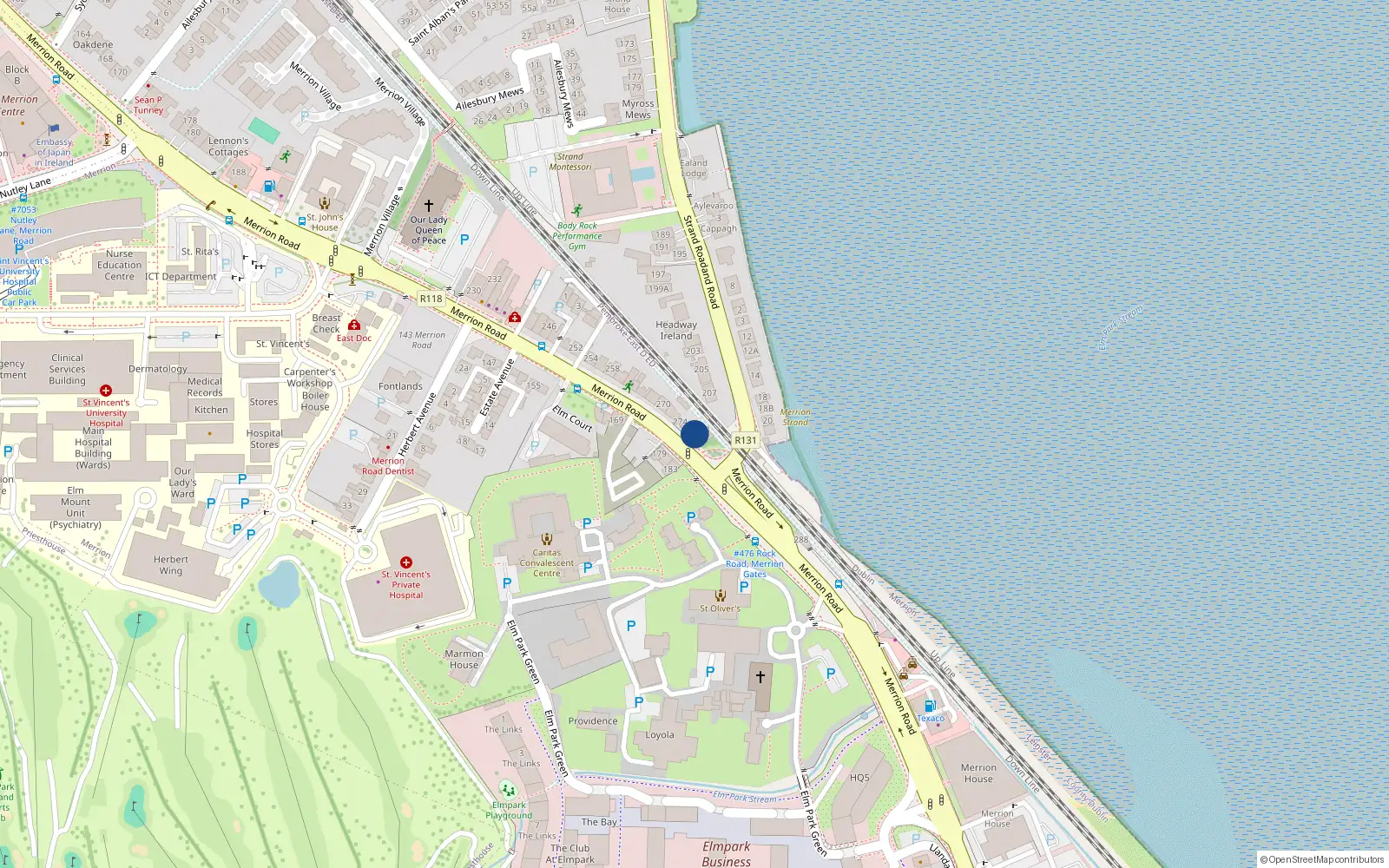 Overhead map showing the location of 280 Merrion Road, Merrion