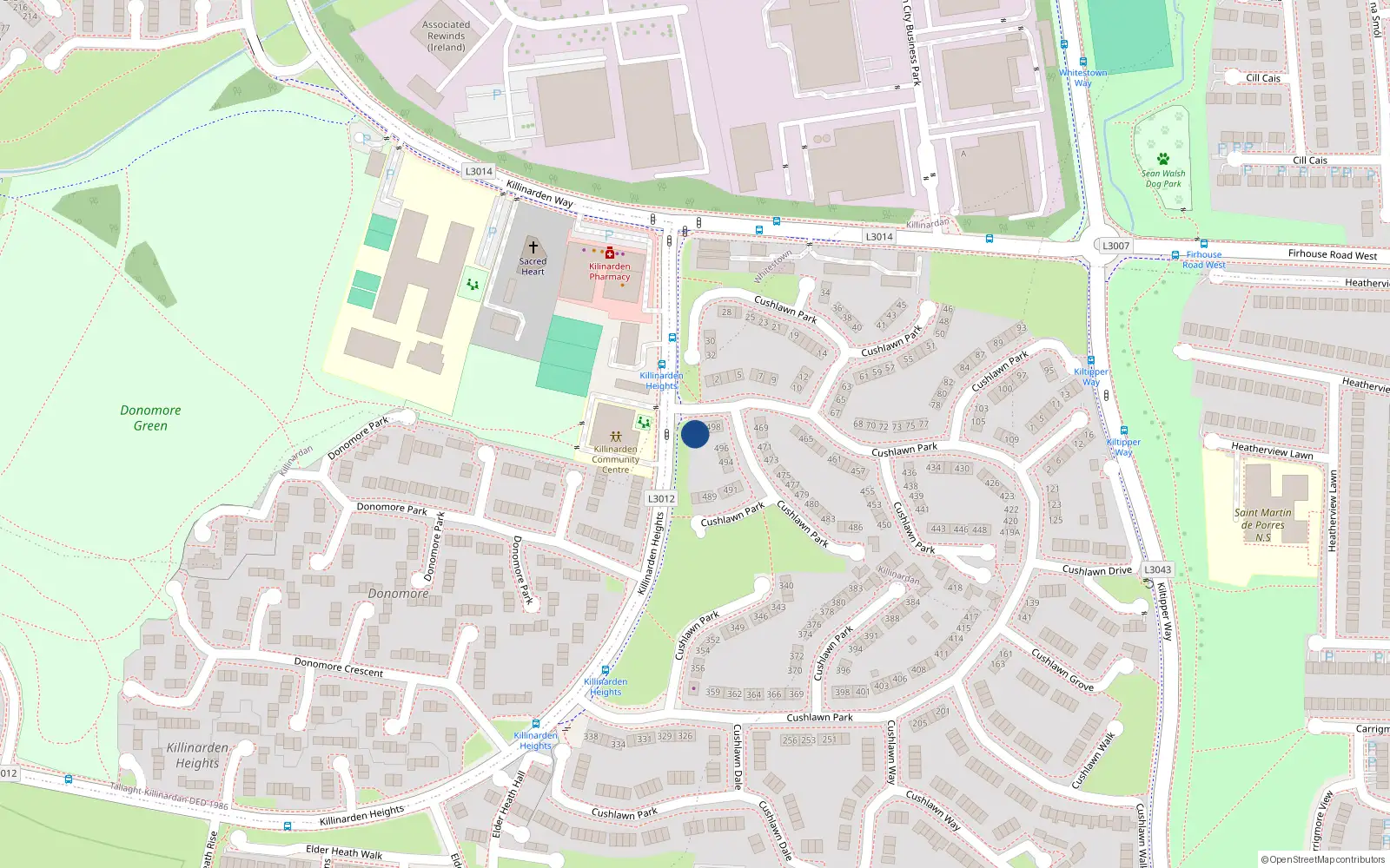 Overhead map showing the location of 287 Cushlawn Park, Tallaght