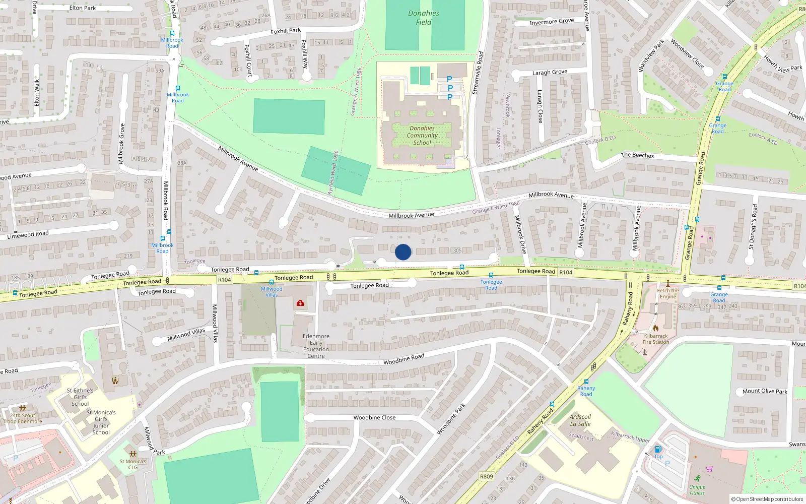 Overhead map showing the location of 287 Tonlegee Road, Dublin 5, Dublin
