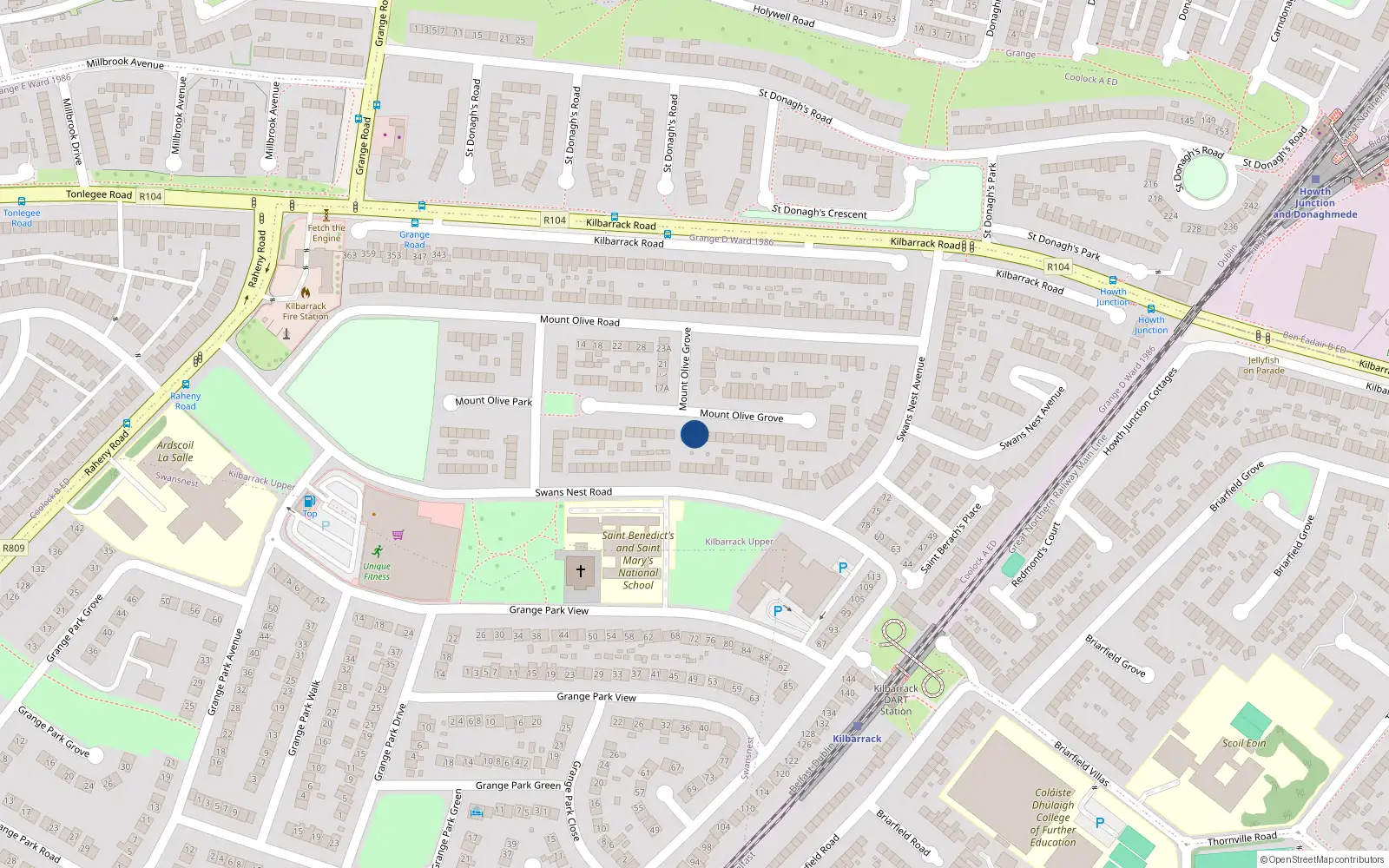 Overhead map showing the location of 28 Mount Olive Grove, Dublin 5