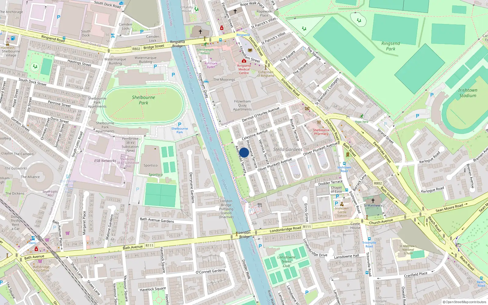 Overhead map showing the location of 29 Aikenhead Terrace, Irishtown
