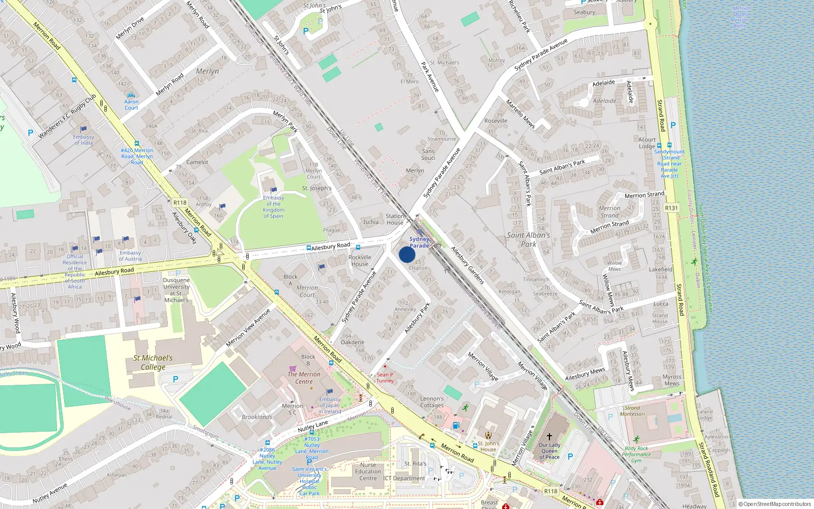 Overhead map showing the location of 29 Ailesbury Park, Merrion