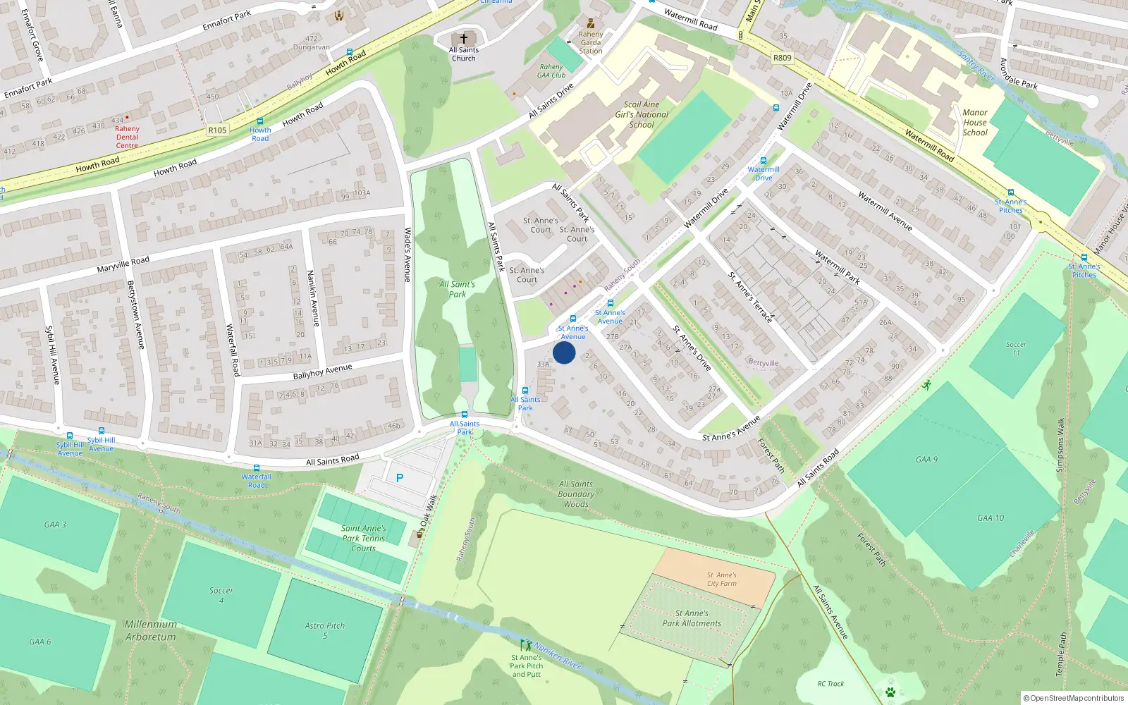 Overhead map showing the location of 29 All Saints Park, Raheny, Dublin 5