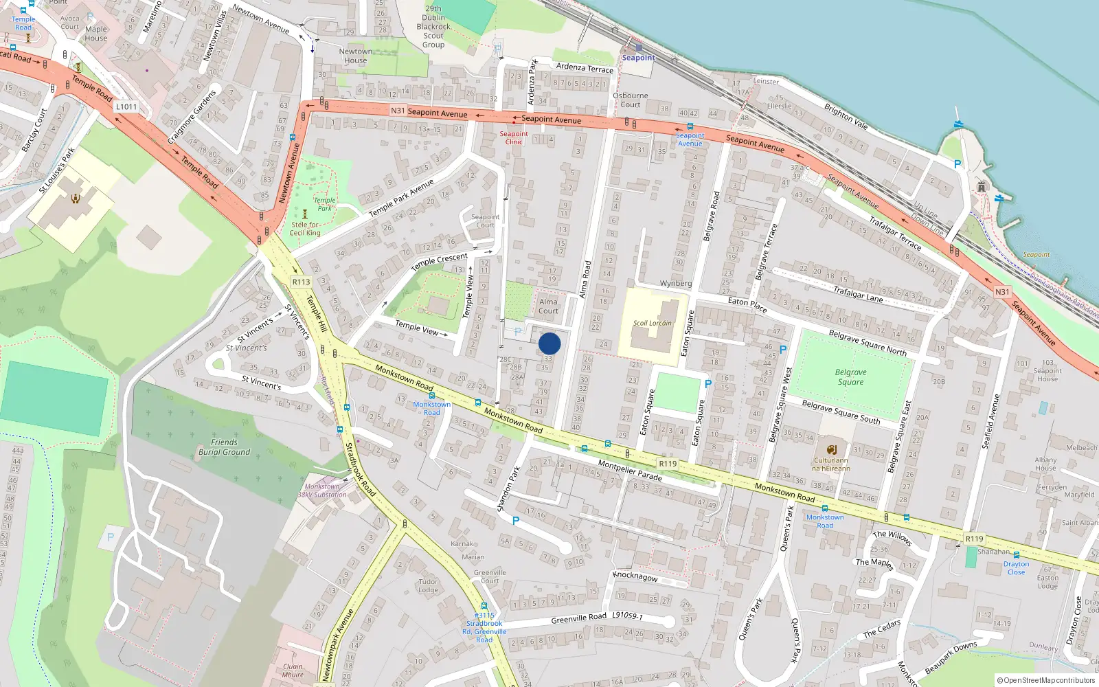 Overhead map showing the location of 29 Alma Road, Monkstown, Dublin