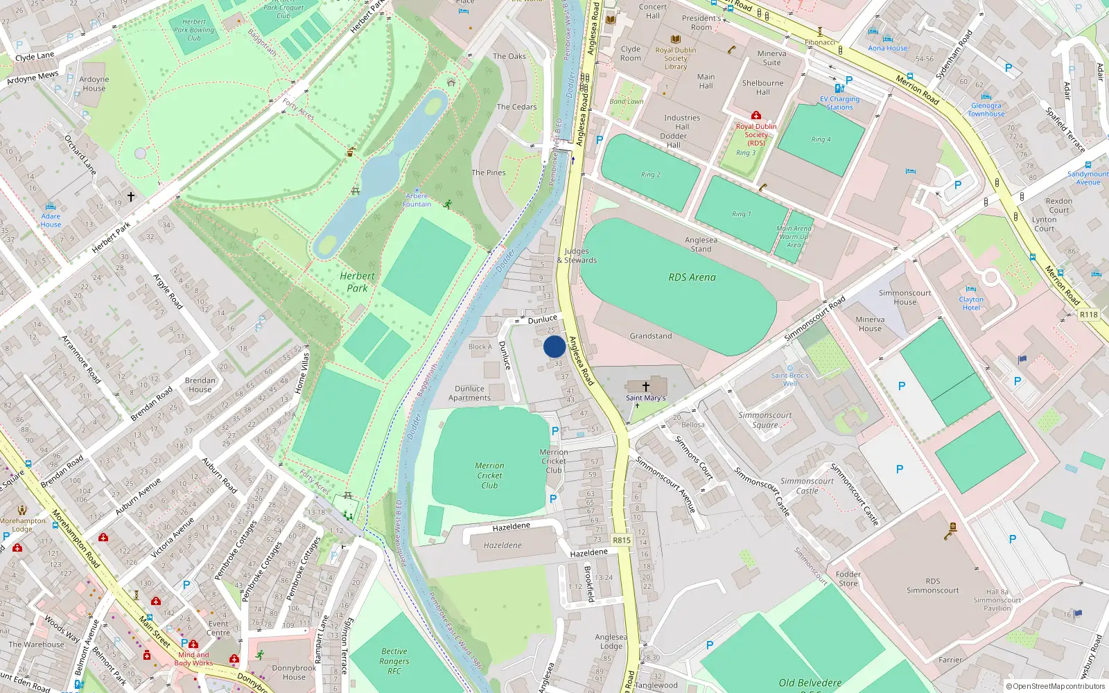 Overhead map showing the location of 29 Anglesea Road, Ballsbridge
