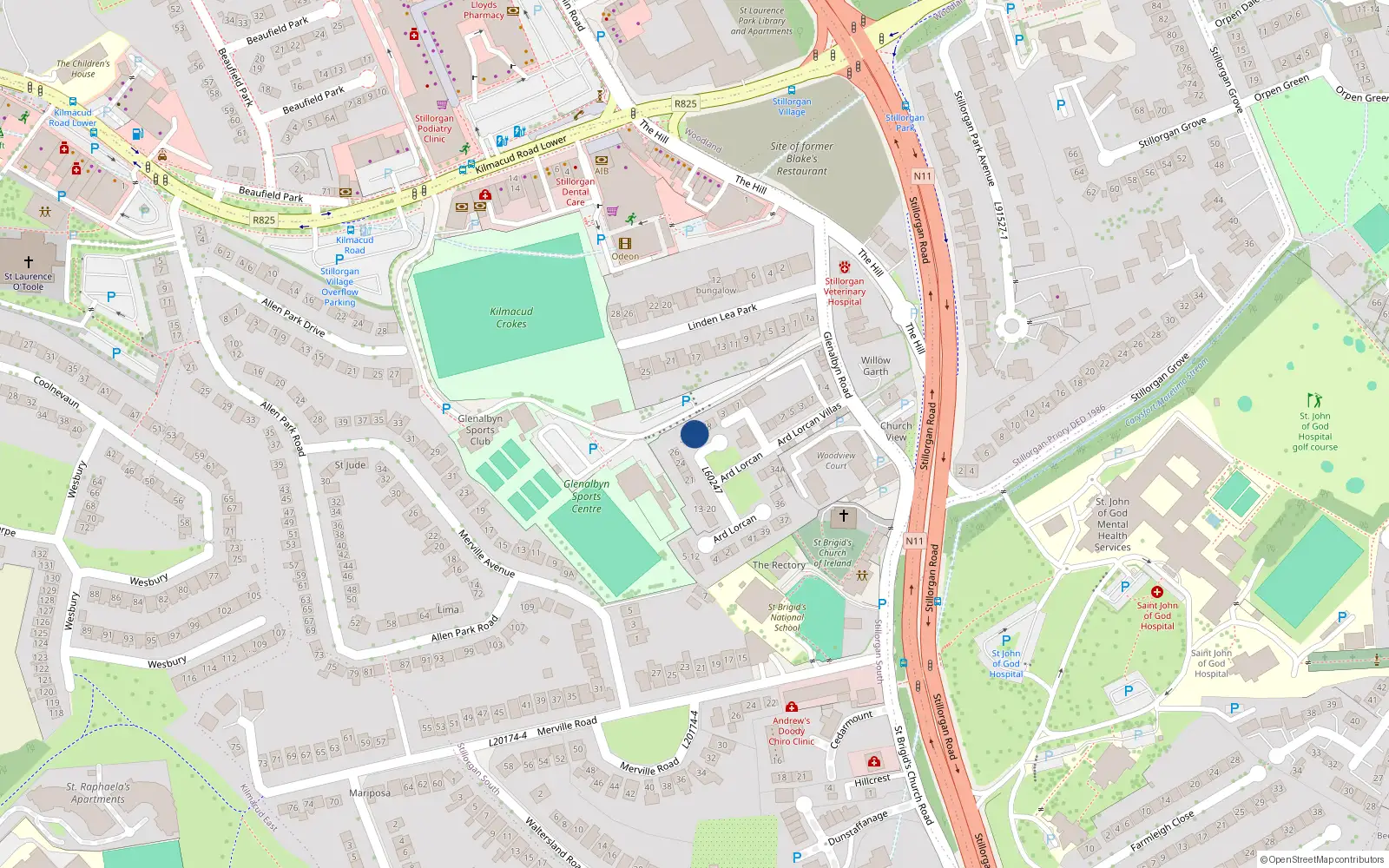 Overhead map showing the location of 29 Ard Lorcain, Stillorgan, Dublin