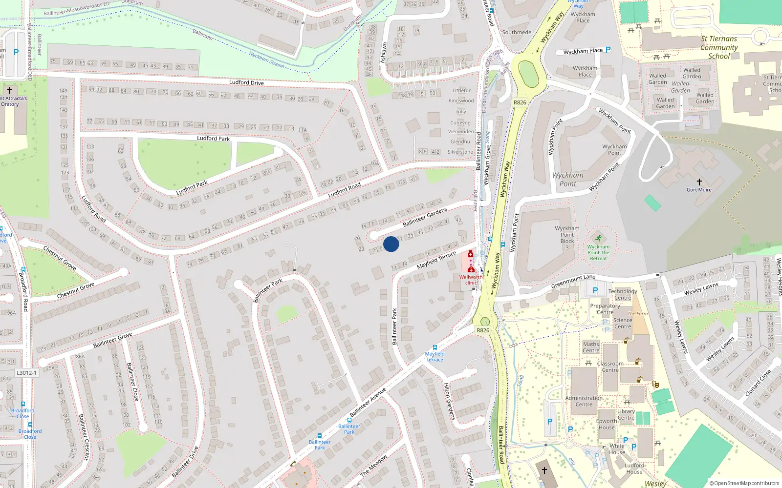 Overhead map showing the location of 29 Ballinteer Gardens, Dublin 16