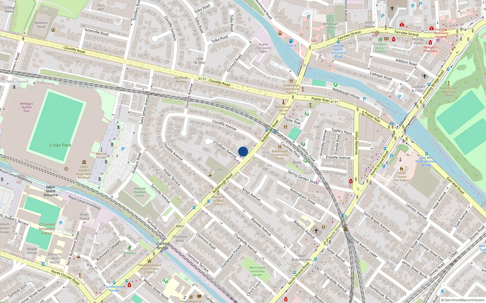 Overhead map showing the location of 29 Ballybough Road, Dublin 3, Dublin