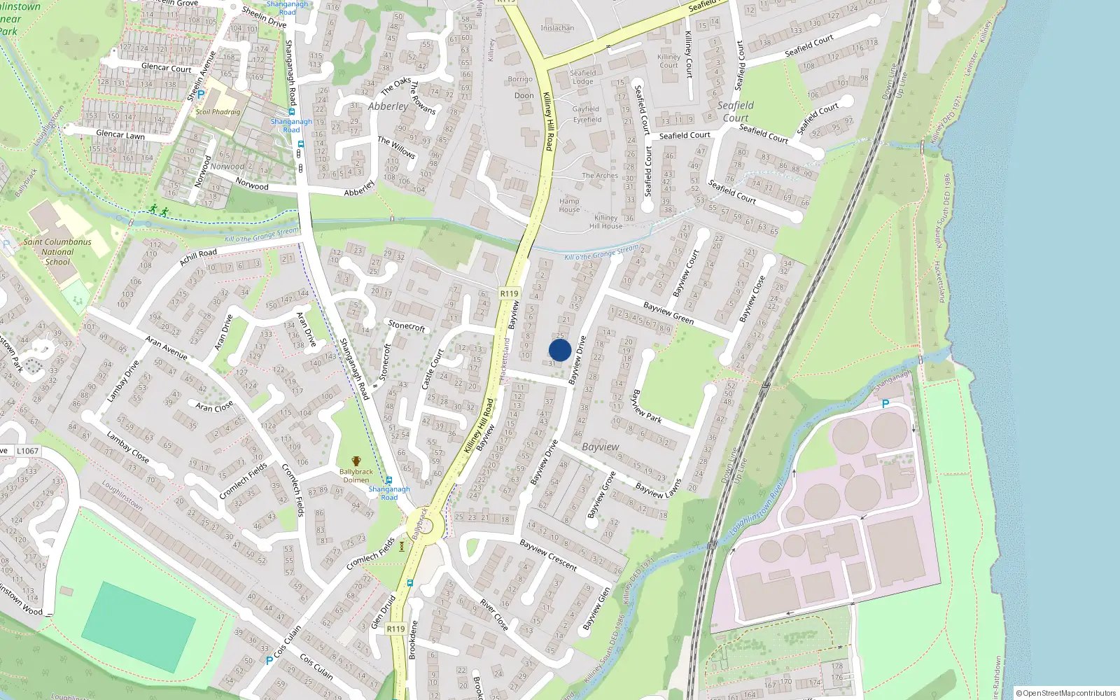Overhead map showing the location of 29 Bayview Drive, Killiney