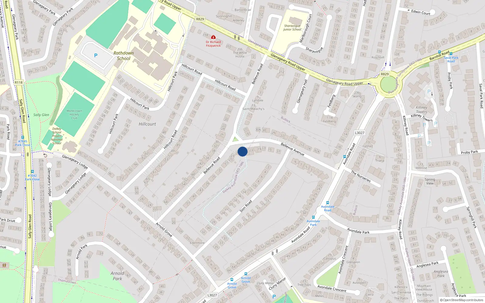 Overhead map showing the location of 29 Bellevue Avenue, Glenageary, Dublin