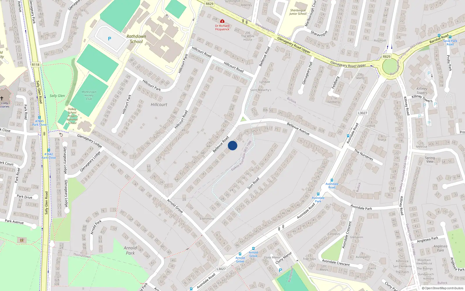 Overhead map showing the location of 29 Bellevue Road, Glenageary, Dublin