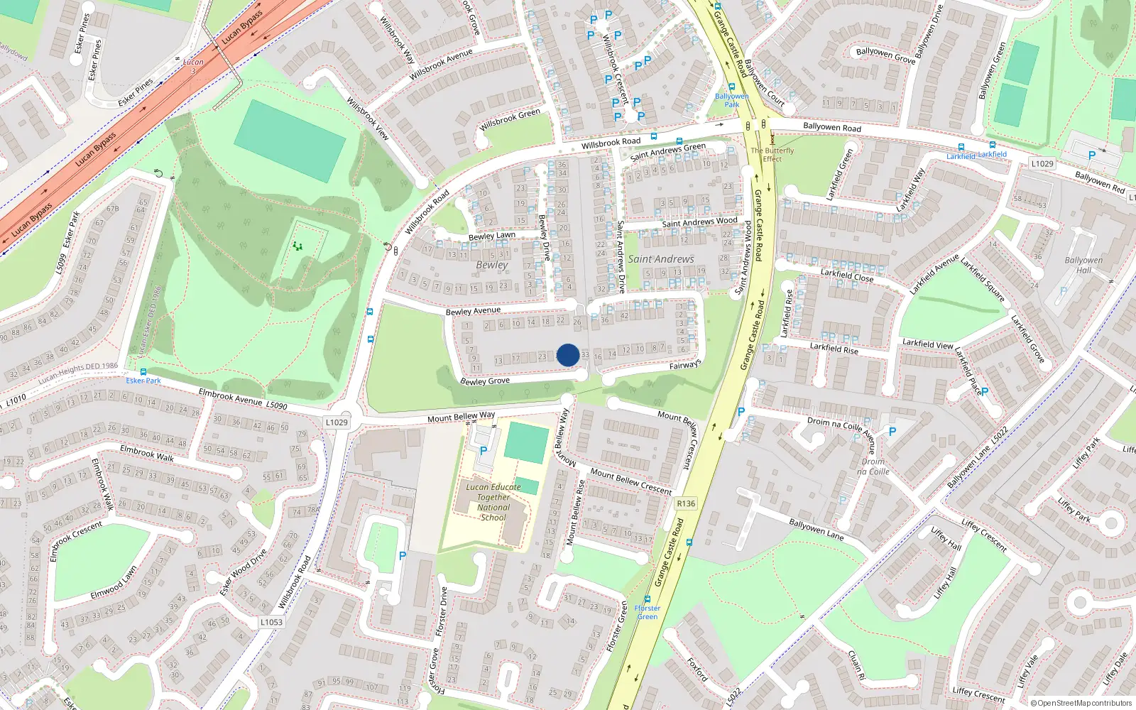Overhead map showing the location of 29 Bewley Grove, Lucan