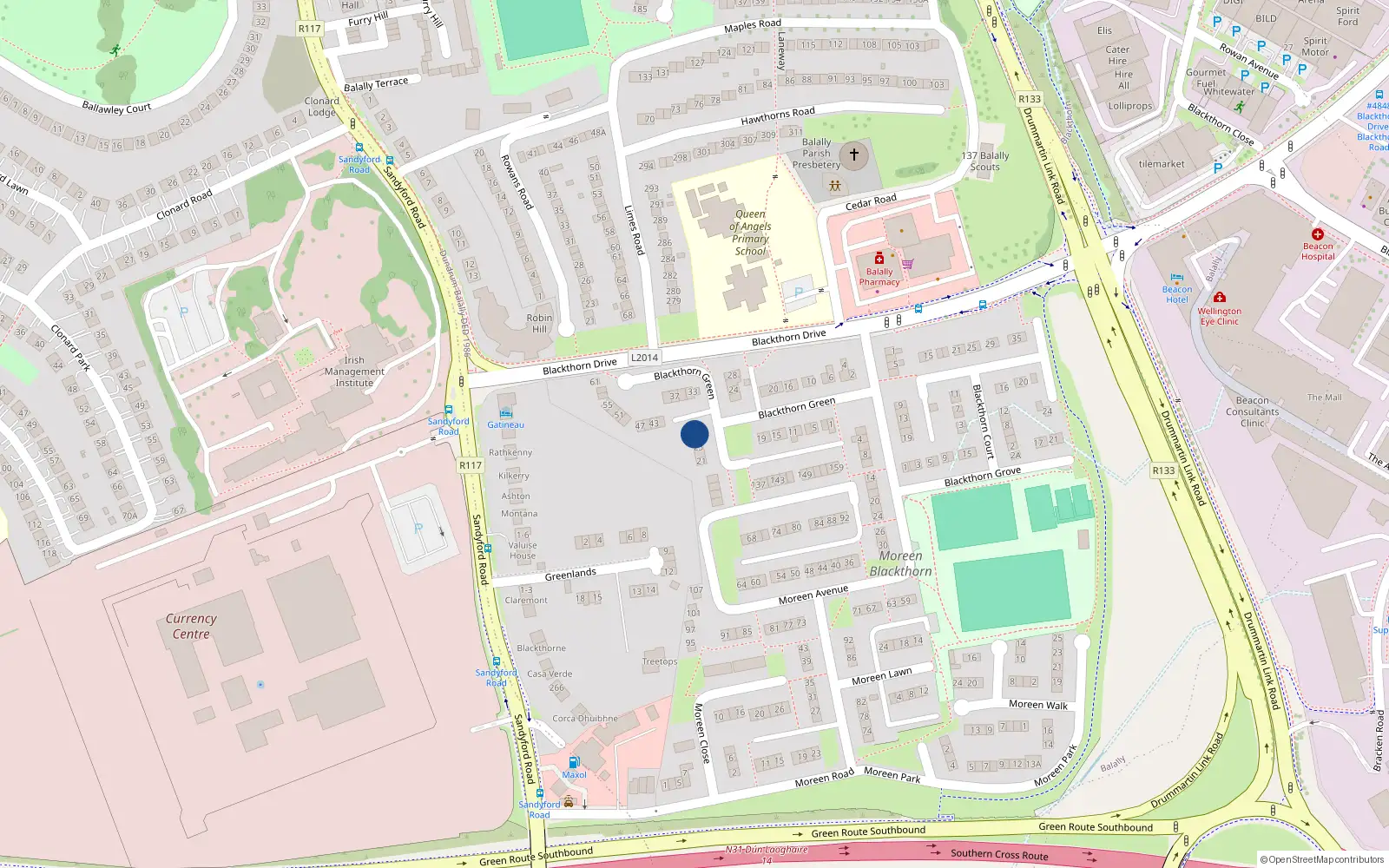 Overhead map showing the location of 29 Blackthorn Green, Dublin 16
