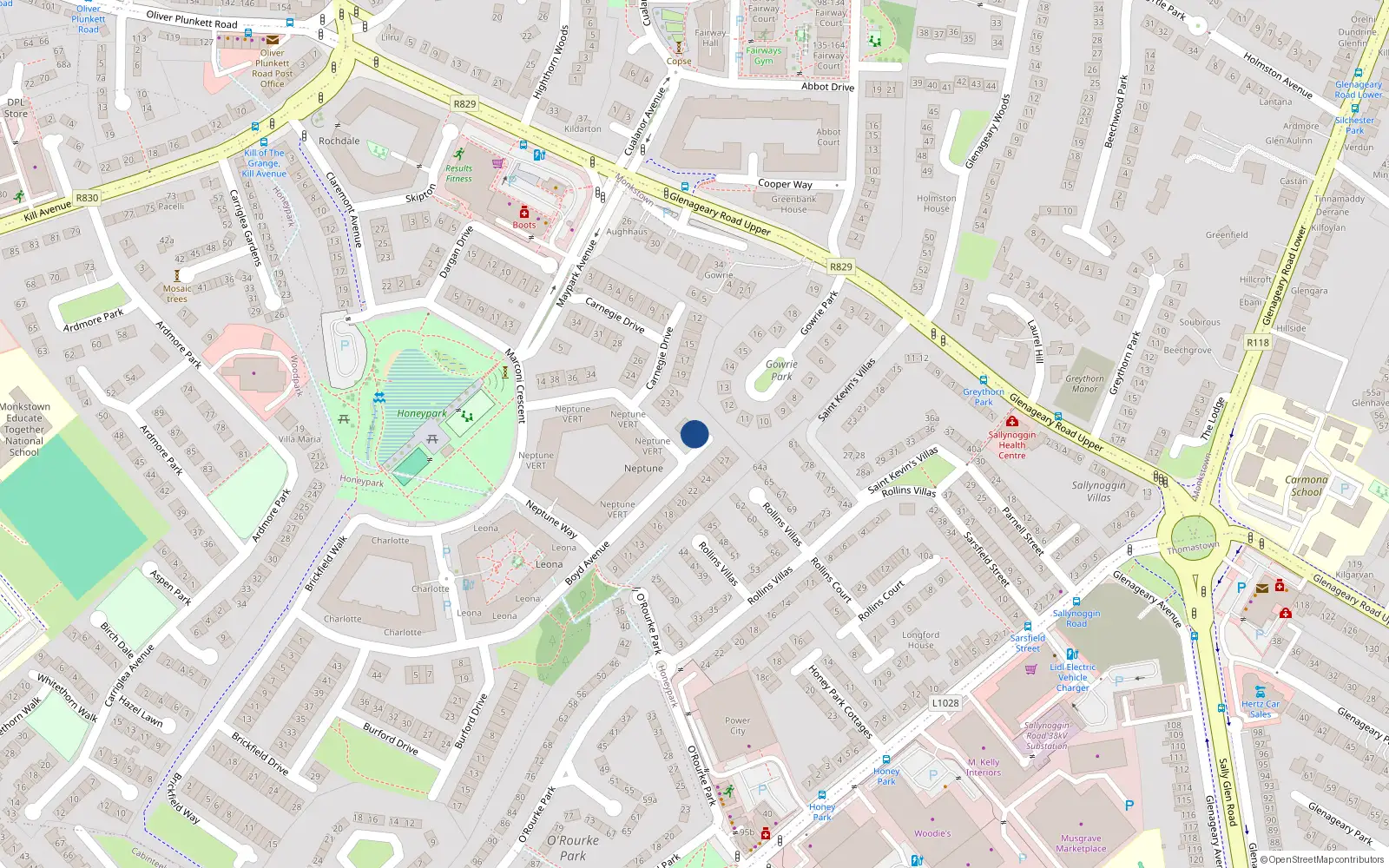 Overhead map showing the location of 29 Boyd Avenue, Dun Laoghaire