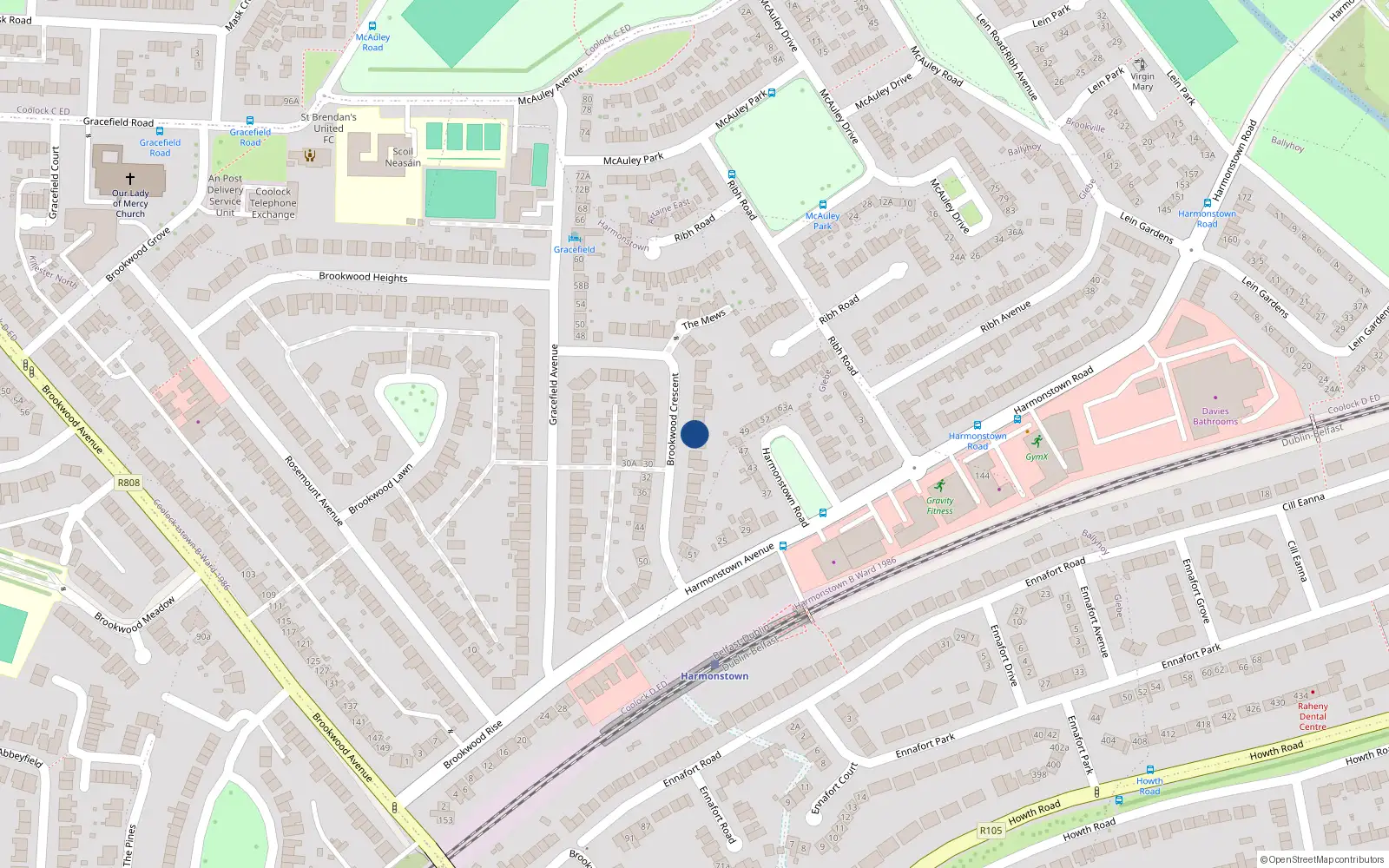 Overhead map showing the location of 29 Brookwood Crescent, Artane, Dublin 5