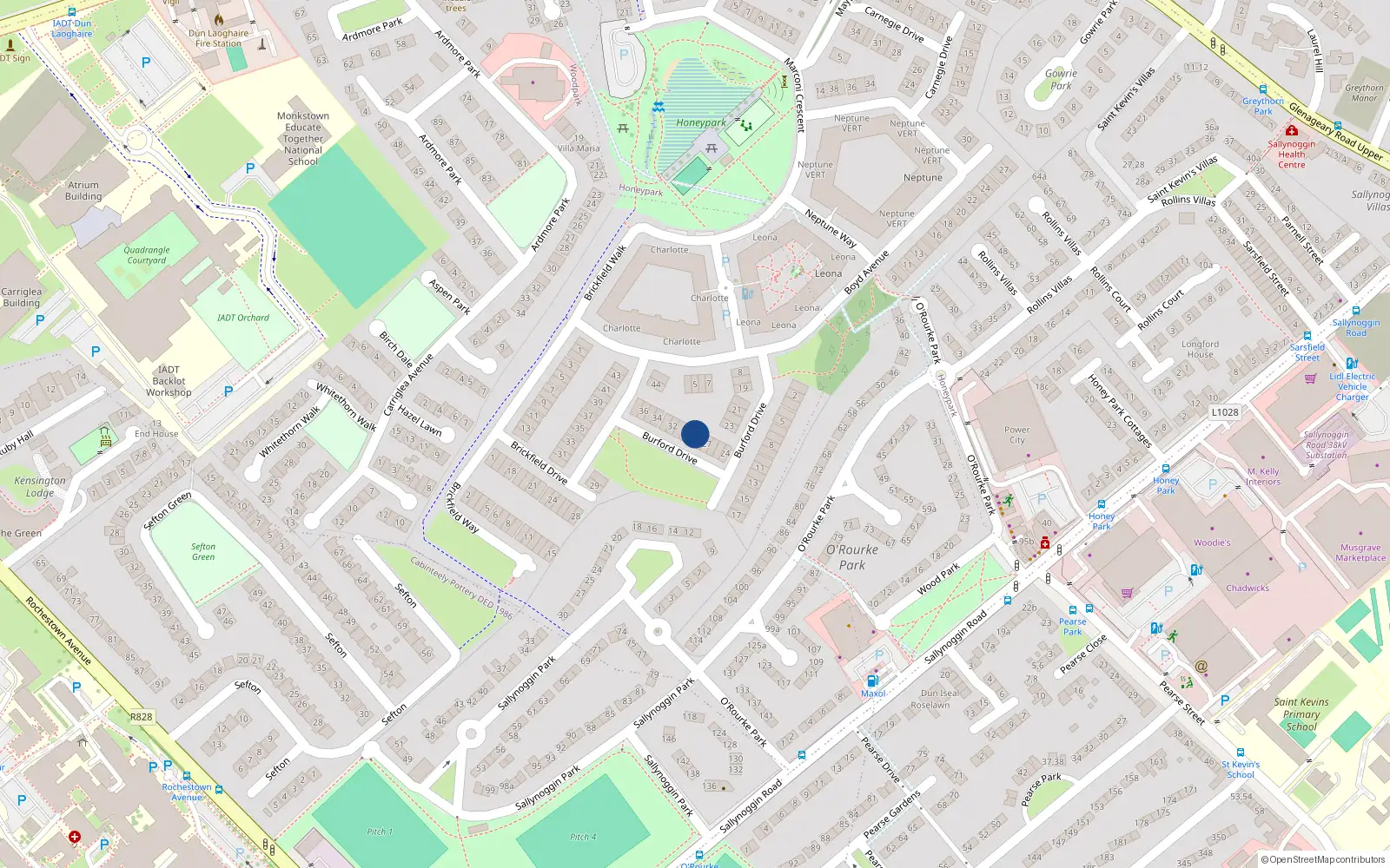 Overhead map showing the location of 29 Burford Drive, Honey Park, Dun Laoghaire