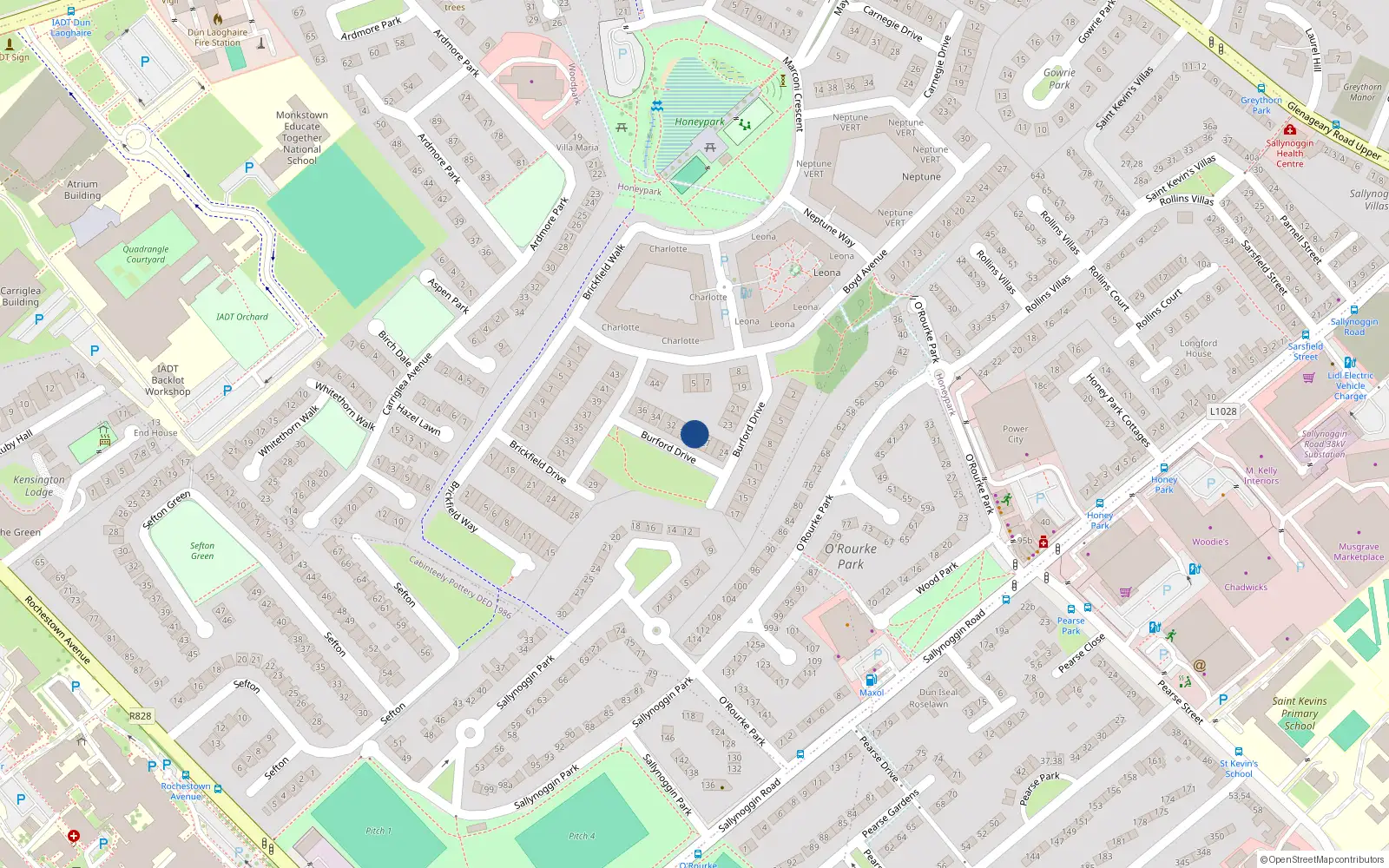 Overhead map showing the location of 29 Burford Drive, Dun Laoghaire