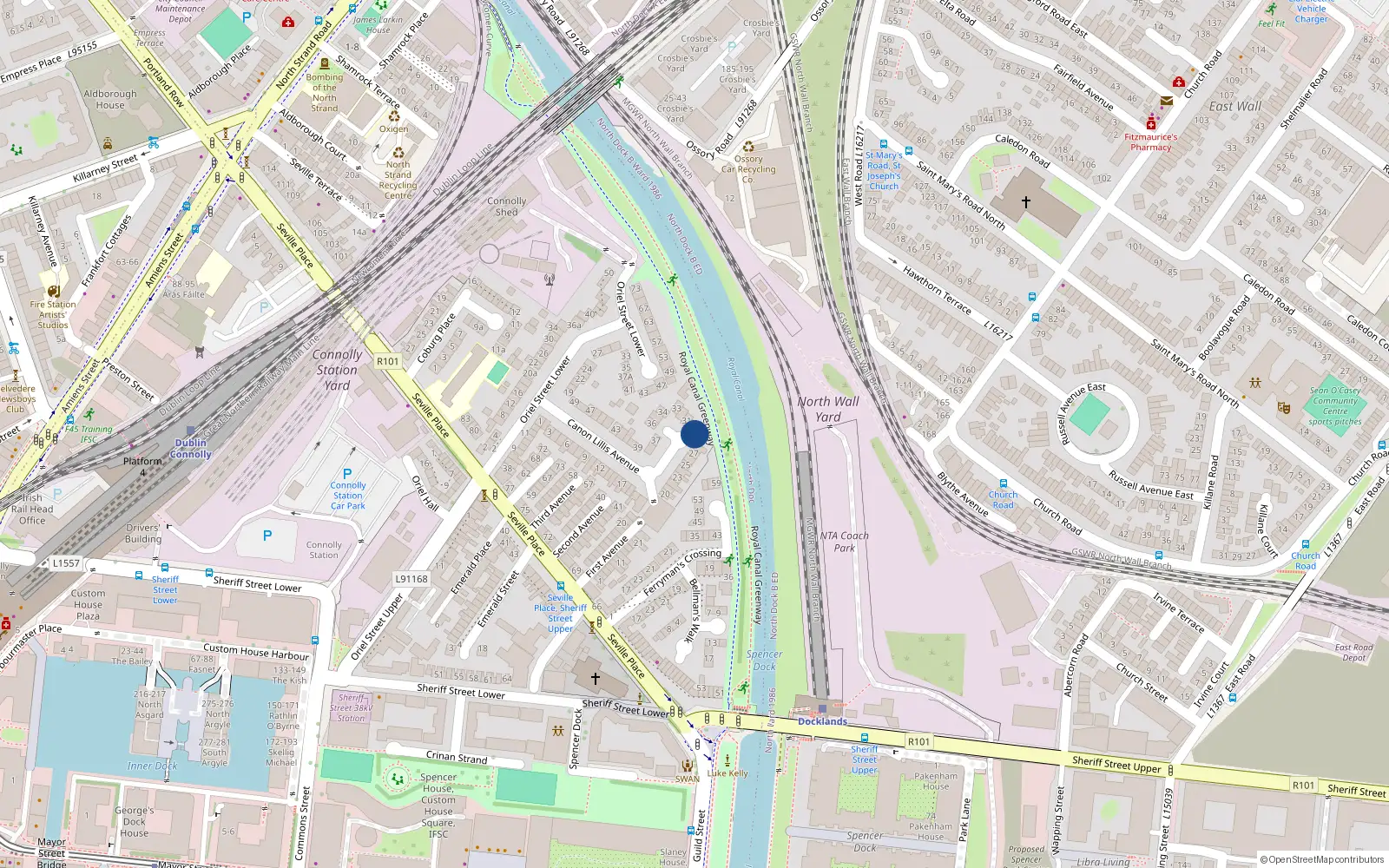 Overhead map showing the location of 29 Canon Lillis Avenue, Seville Place, Dublin 1