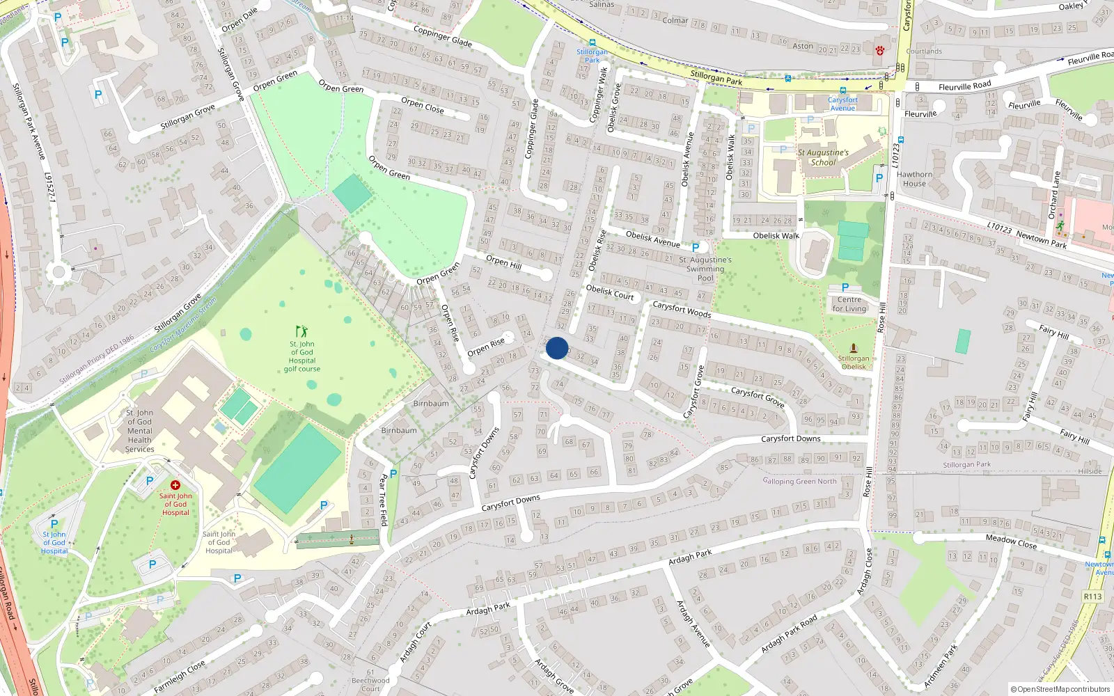 Overhead map showing the location of 29 Carysfort Woods, Blackrock, Dublin
