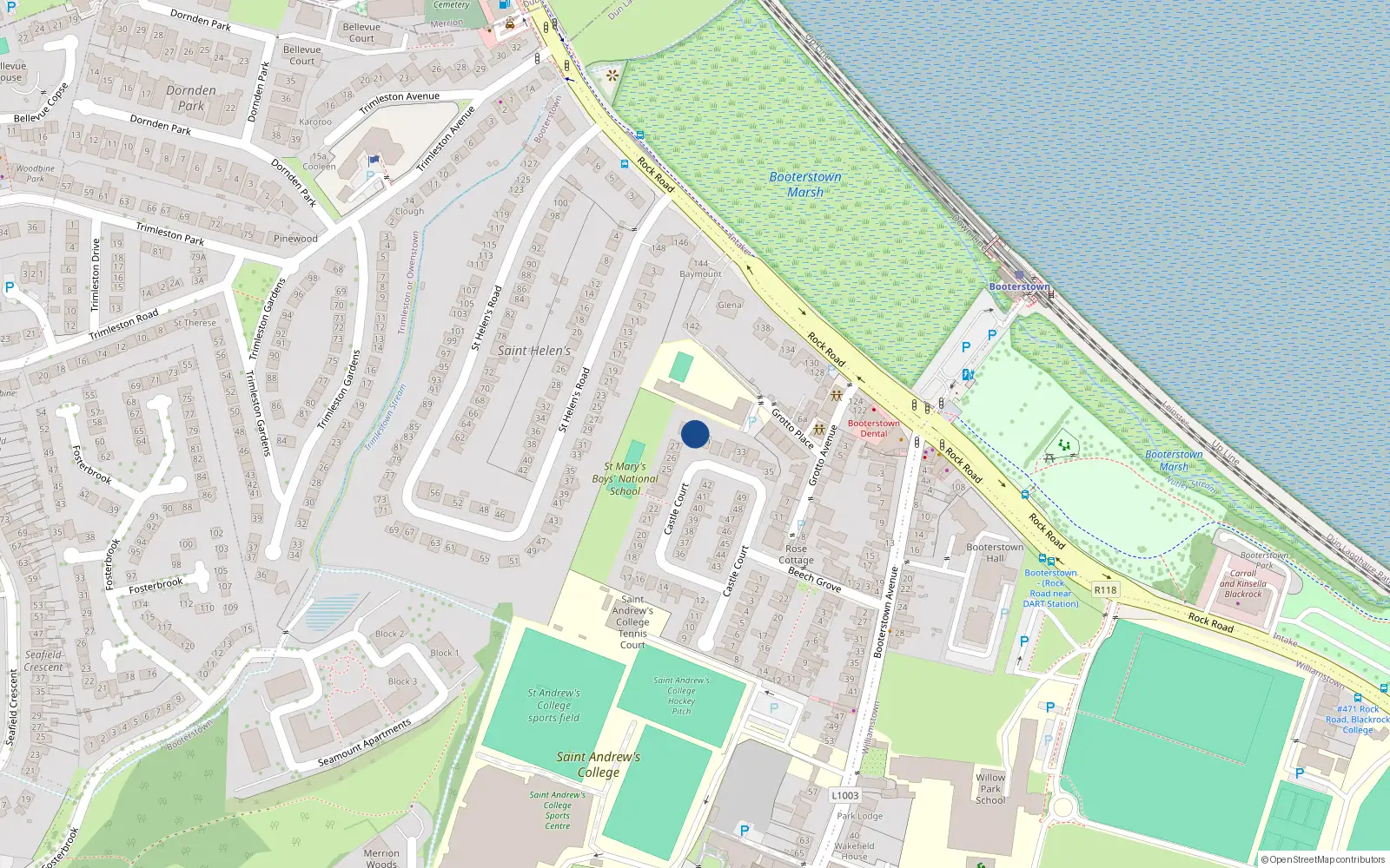 Overhead map showing the location of 29 Castle Court, Booterstown