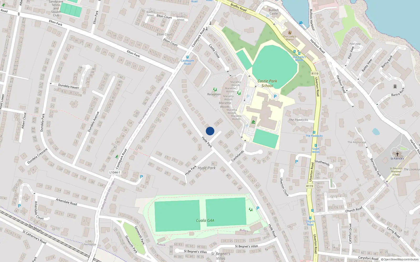 Overhead map showing the location of 29 Castlelands Grove, Hyde Road, Dalkey
