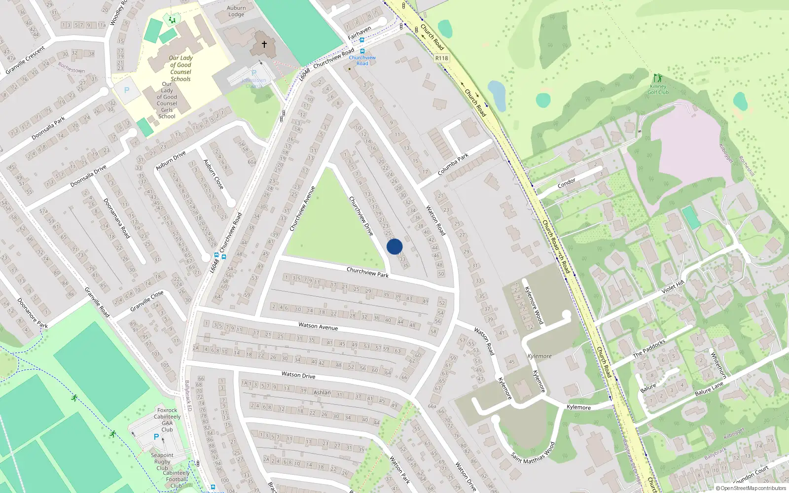 Overhead map showing the location of 29 Churchview Drive, Killiney, Dublin