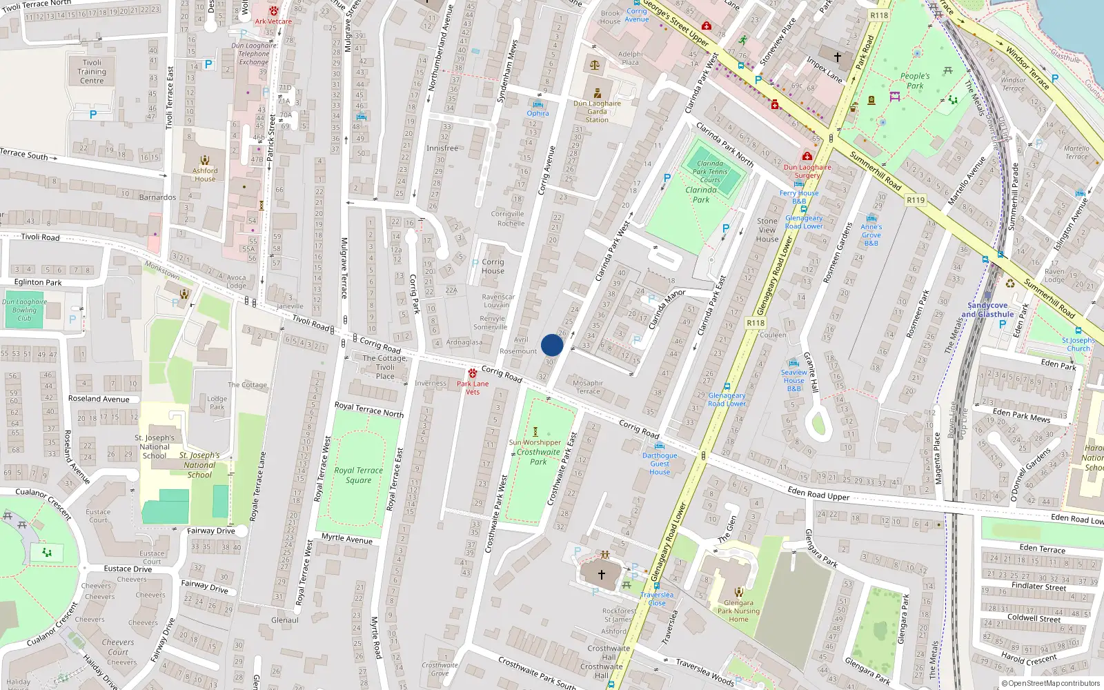 Overhead map showing the location of 29 Clarinda Park West, Dublin