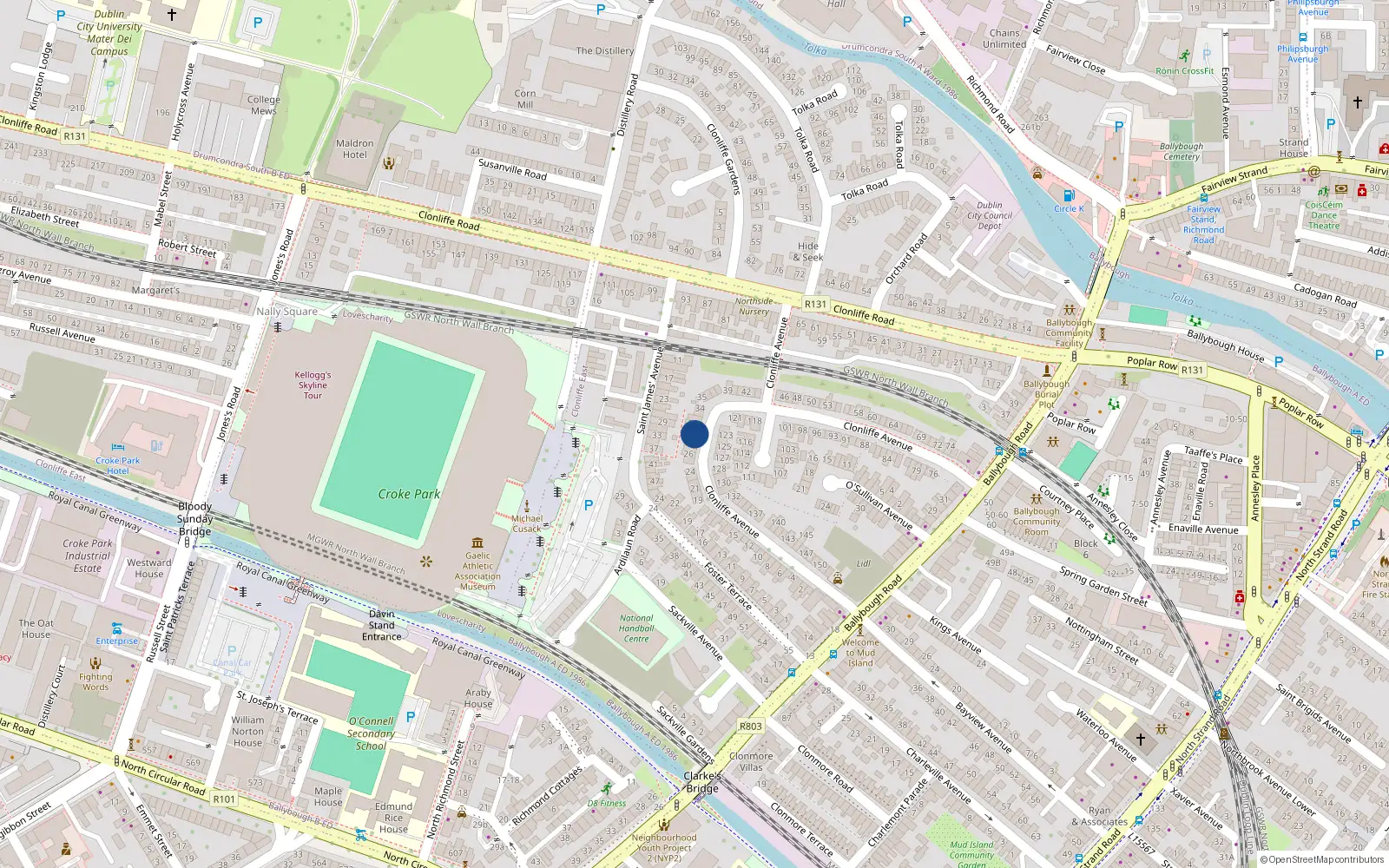 Overhead map showing the location of 29 Clonliffe Avenue, Ballybough Road, Dublin